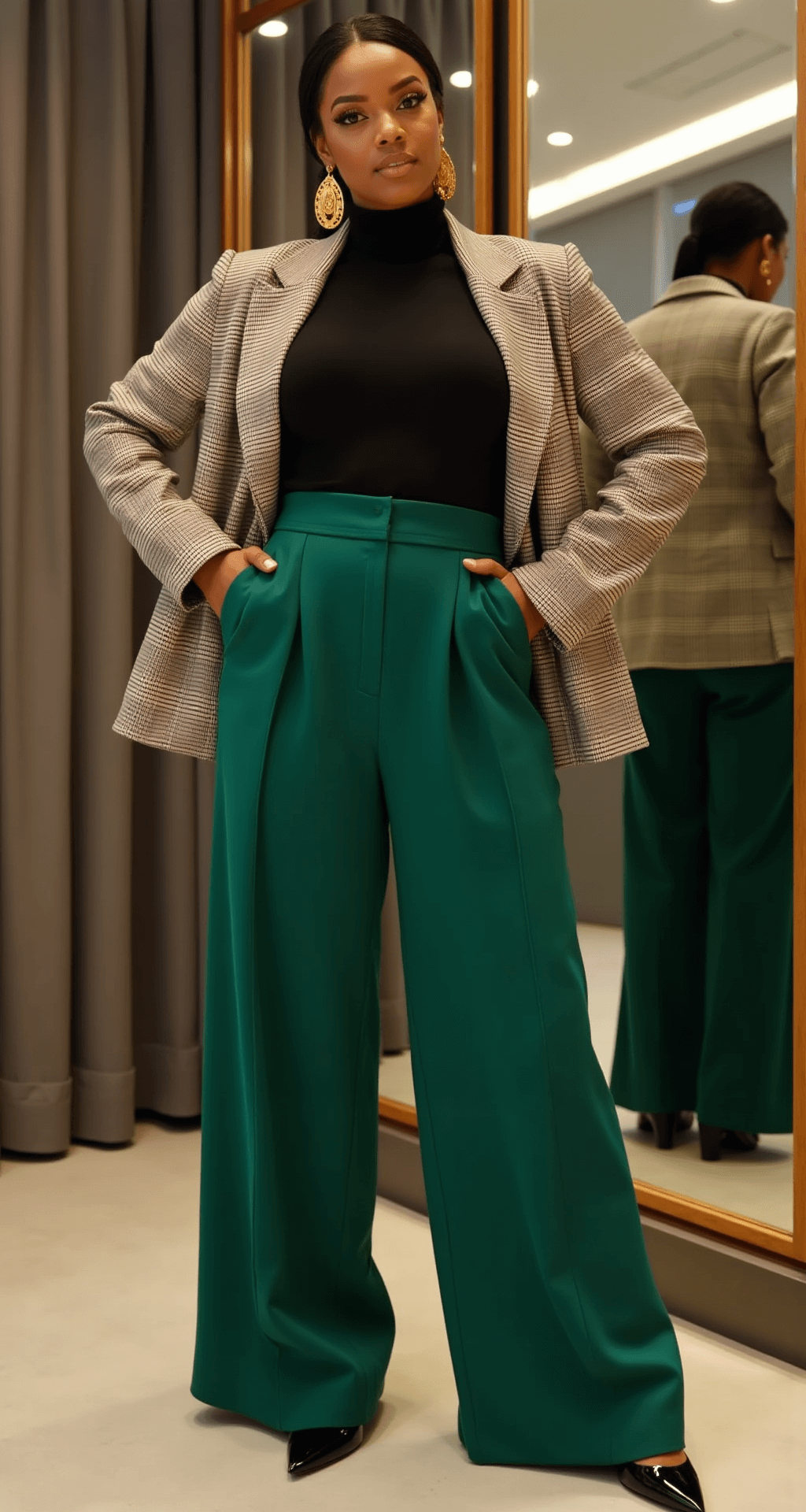 A curvy woman trying on a rich emerald wide-leg pants outfit in an upscale boutique fitting room, showcasing a high-waisted cut with a fitted black turtleneck and cropped plaid blazer. Gold statement earrings and pointed-toe leather mules are visible in a triple mirror setup, with professional lighting highlighting the fabric's texture.