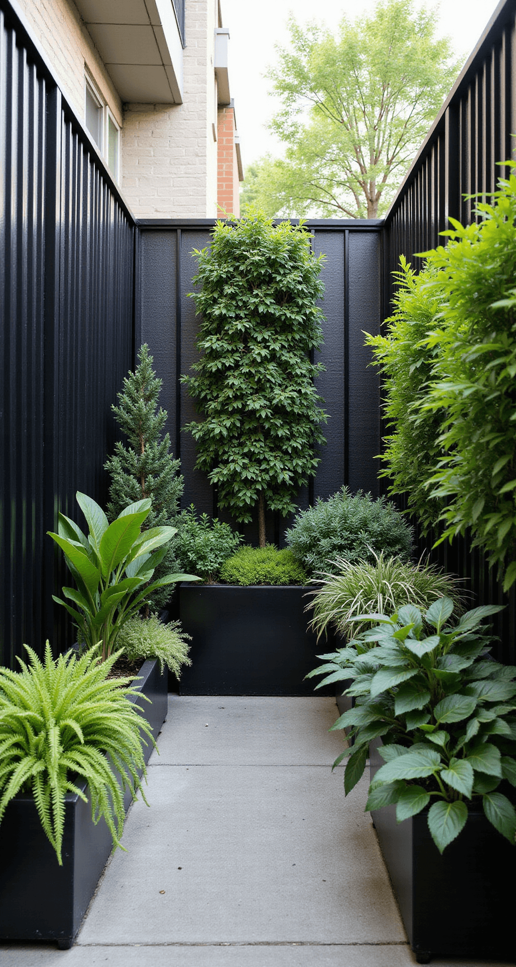 Small urban garden with high-gloss black metal fencing, featuring vertical garden elements like trailing silver dichondra and bright green ferns, arranged in modern geometric containers, illuminated with bright indirect lighting for a fresh, contemporary feel.