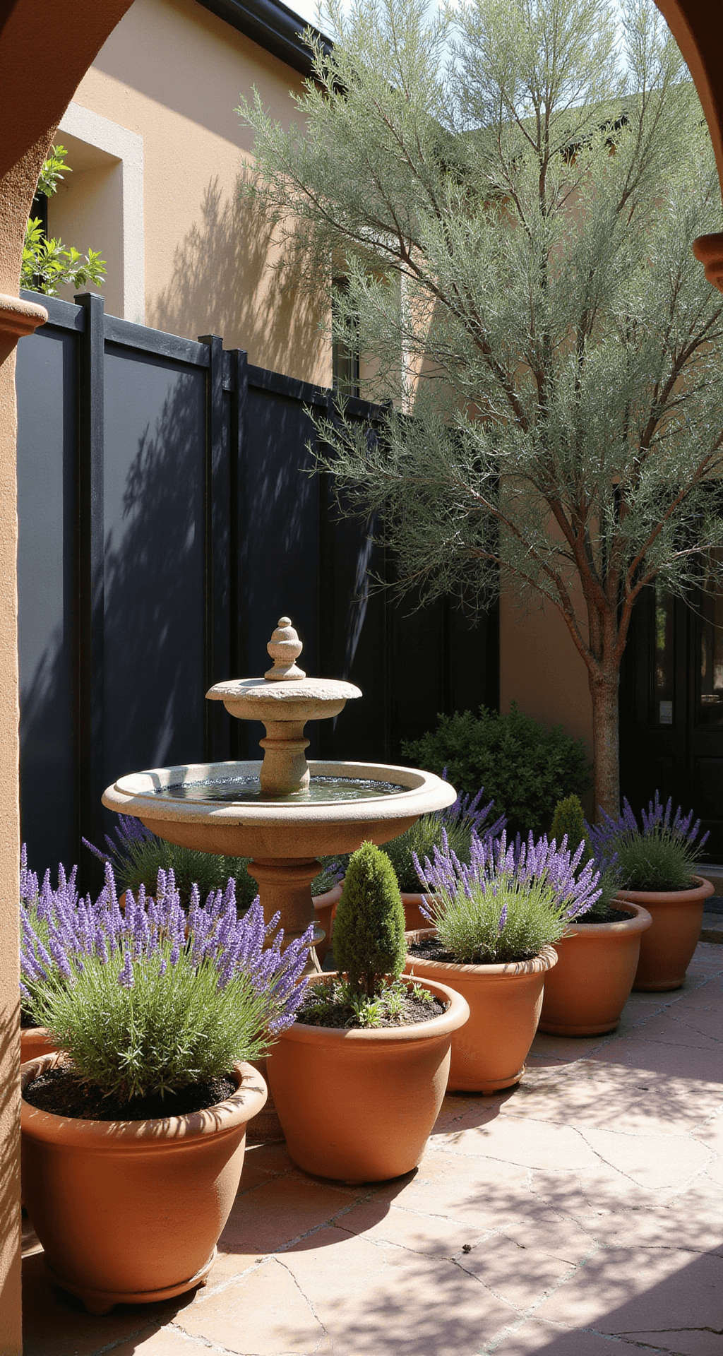 A Mediterranean courtyard featuring matte black steel fence panels, terra cotta pots with lavender and olive trees, and an antique stone fountain, all bathed in warm afternoon light with long shadows enhancing the rich colors.