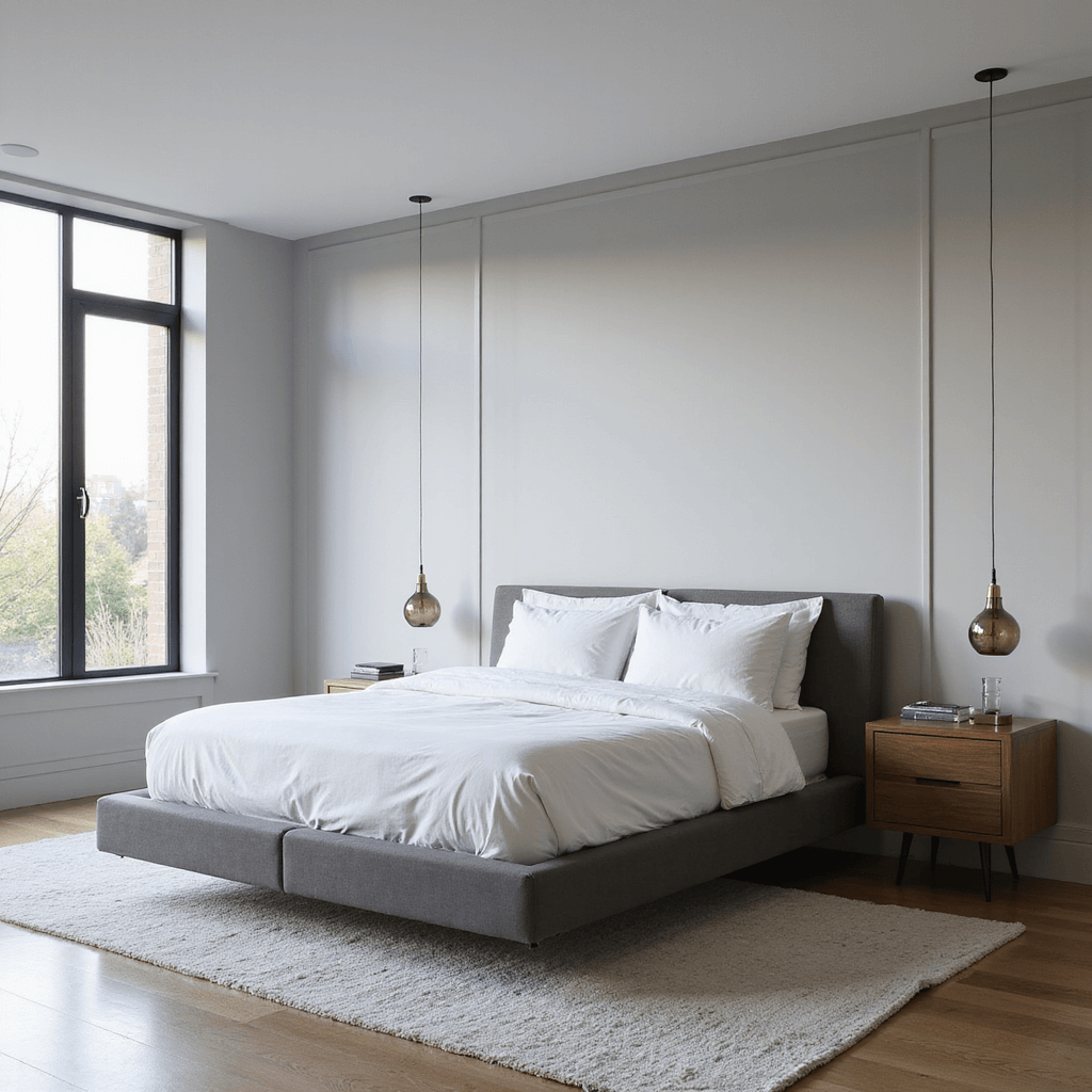 A modern minimalist bedroom featuring dove gray walls, a platform bed with white linens, walnut nightstands, and smoky glass lamps, illuminated by natural light from floor-to-ceiling windows.