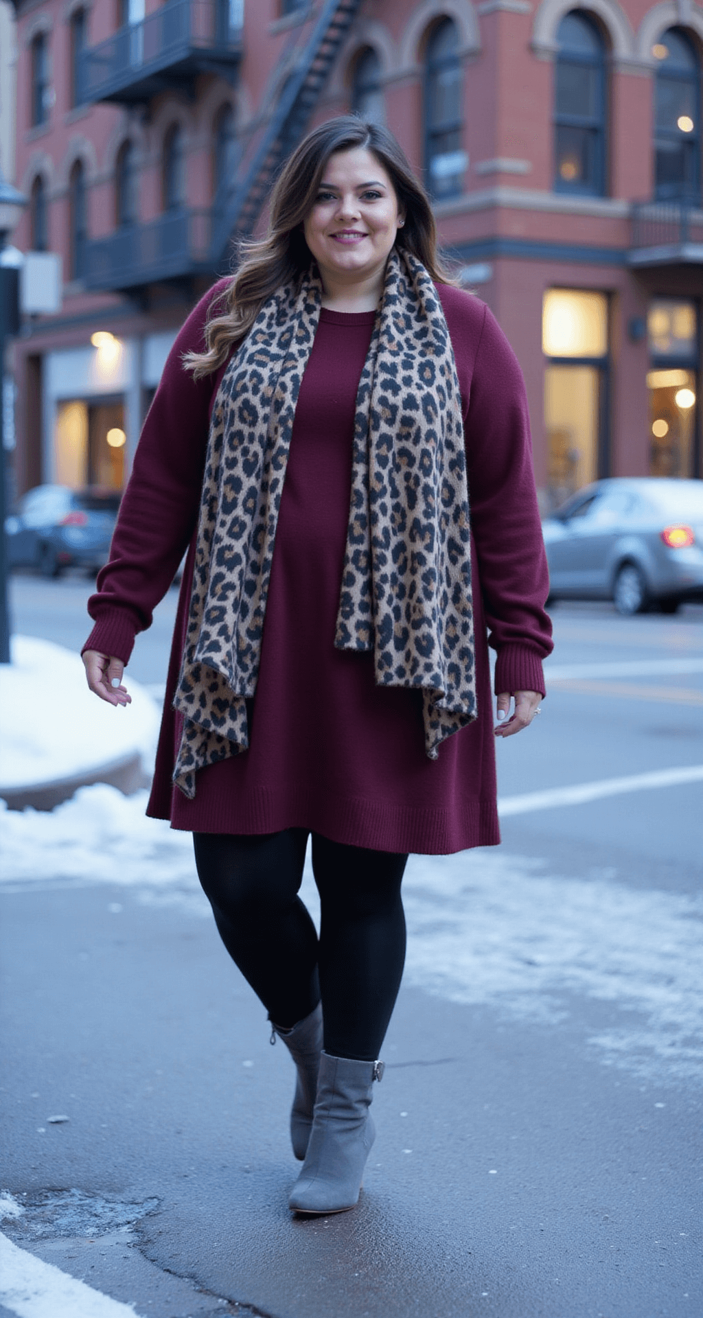 A plus-size influencer in a burgundy sweater dress and black opaque tights poses at a snow-dusted city street corner during blue hour, wearing gray suede heeled knee boots and a long leopard print scarf, with historic architecture in the urban background. The image has a slight motion blur, emphasizing the dynamic scene.