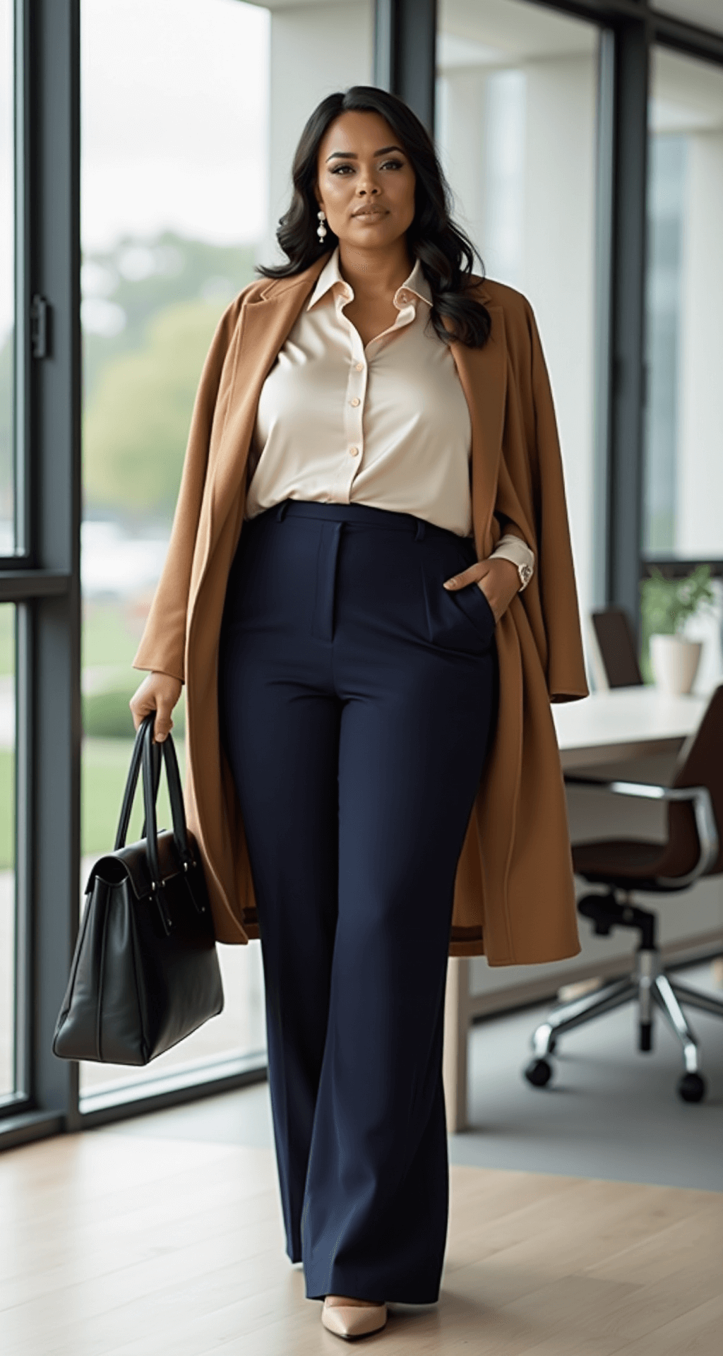 A curvy businesswoman in a navy wide-leg pantsuit, cream silk blouse, and tailored camel coat stands in a modern office environment, illuminated by midday natural light from large windows. She carries a structured leather briefcase and wears pearl drop earrings, surrounded by an elegant office interior.