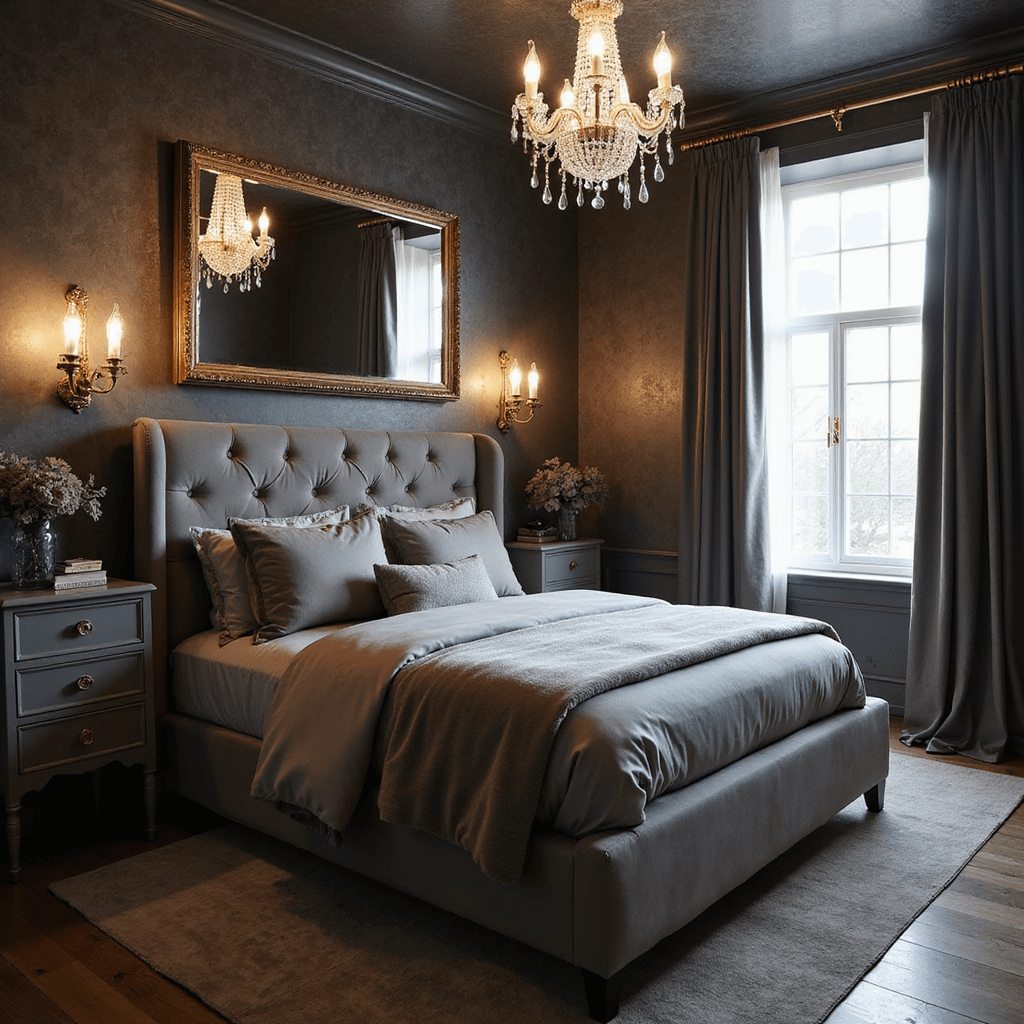 An intimate 12x14ft bedroom at golden hour featuring charcoal walls with metallic wallpaper, a tufted gray velvet king bed dressed in gray silk and velvet layers, a sparkling crystal chandelier, brass-accented furniture, an oversized antiqued mirror, and elegant pewter silk drapes, captured from a low angle near the doorway.