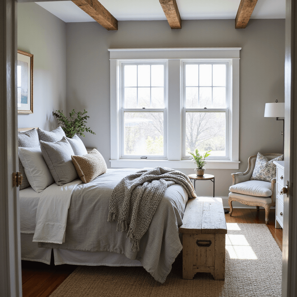 A cozy 15x15ft bedroom with warm greige walls, weathered wood beams, and vintage white furniture, showcasing layered bedding with a chunky knit throw and soft gray linen duvet. Sunlight streams through white-trimmed windows, casting gentle shadows across a distressed wooden bench and woven area rug.