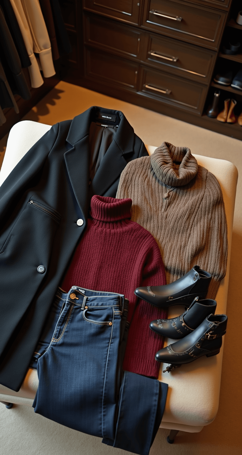 Aerial view of a luxury home walk-in closet featuring a styled session of a plus-size capsule collection, including a black wool coat, jewel-toned cashmere sweaters, dark denim, and leather accessories, all laid out on a plush ottoman with ambient evening lighting.