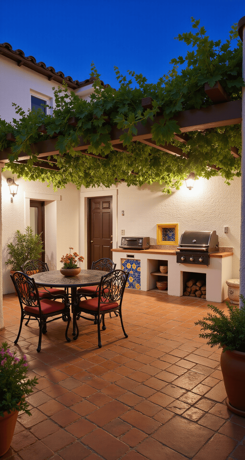 A picturesque Mediterranean courtyard at dusk featuring terracotta tiles, whitewashed stucco walls, a wood-fired pizza oven, and a gas grill station. The area is adorned with blue and yellow hand-painted tiles and a wrought iron dining set beneath a grape vine-covered pergola. Warm uplighting highlights the textured walls, with vibrant terracotta pots overflowing with herbs and bougainvillea, creating a warm and inviting ambiance.