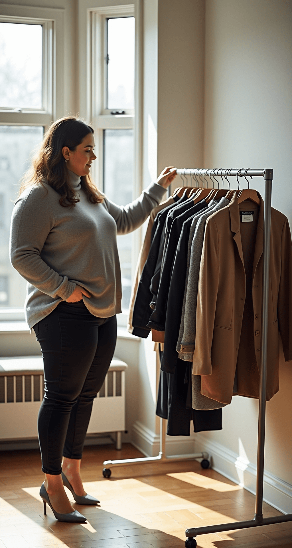 Winter Fashion Magic: Your Plus Size Style for 2024 A sunlit modern apartment living room with floor-to-ceiling windows, featuring a plus-size model arranging her winter capsule wardrobe on a sleek clothing rack filled with luxurious neutral-toned pieces, including a soft grey Eloquii turtleneck. The scene captures the natural light and organized styling with a soft bokeh effect.