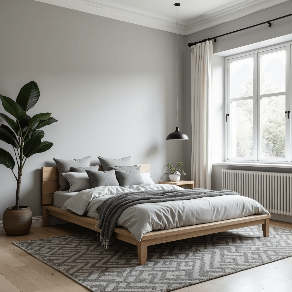 Bright corner bedroom with pale gray walls and white trim, featuring a light oak platform bed with gray bedding, a minimalist matte black pendant light, a fiddle leaf fig plant, and a gray and white geometric wool rug, captured from an elevated angle.