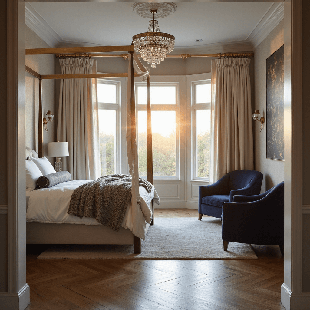 A grand master bedroom featuring a king-size canopy bed with ivory silk drapes, oversized brass sconces, and herringbone hardwood floors. The room is bathed in warm golden hour light, with a separate seating area of deep navy velvet chairs and a crystal chandelier above. Textures include a chunky knit throw on the bed and grasscloth wallpaper, all shot from the doorway with a shallow depth of field emphasizing the bed against the light.
