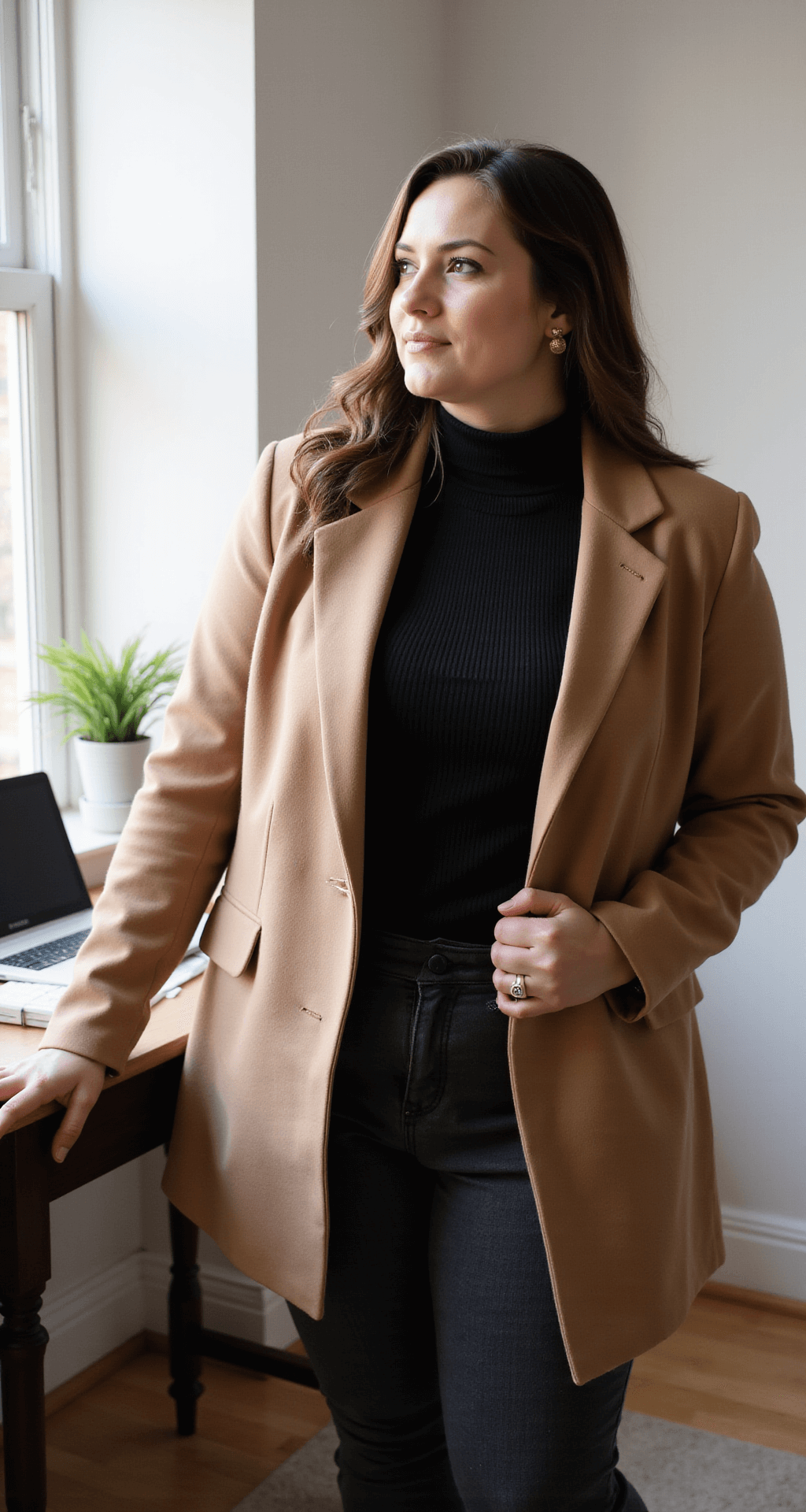 Winter Fashion Magic: Your Plus Size Style for 2024 A close-up of a plus-size woman in a black turtleneck and camel blazer, seated in a cozy home office corner with diffused afternoon light, working on a laptop beside a coffee cup, showcasing a minimalist desk setting.