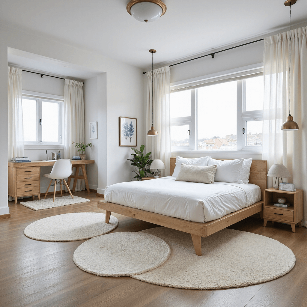 Bright, airy 18x22ft bedroom at mid-morning, featuring a modern king bed in bleached oak, a windowed alcove workspace with a built-in desk, and three oversized cream circular rugs. The coastal-inspired palette includes white, sand, and pale blue, with natural light streaming through sheer linen curtains and complemented by brass pendant lights, all captured from a corner angle to show distinct functional zones.