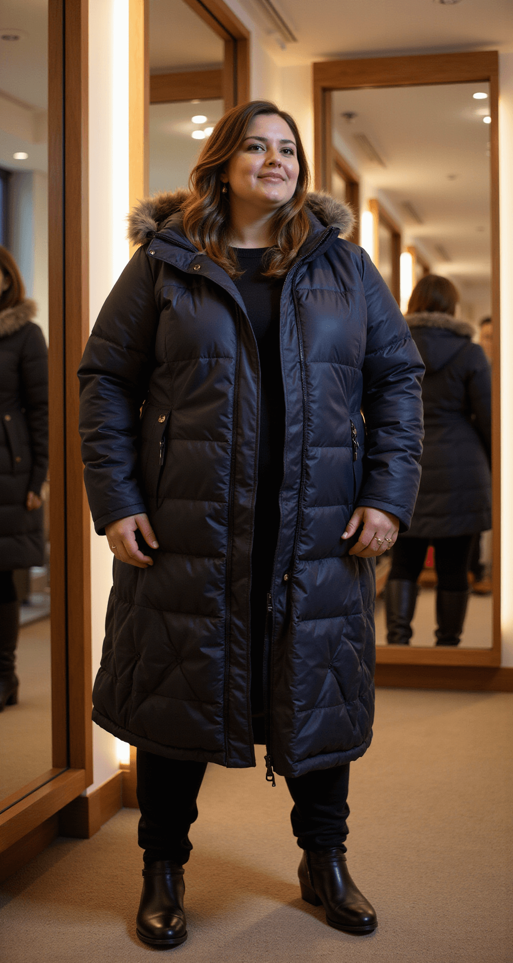 Winter Fashion Magic: Your Plus Size Style for 2024 A plus-size model tries on a quilted navy London Fog coat in a boutique dressing room, featuring warm ambient lighting and full-length mirrors. The mid-calf coat has a sophisticated quilting pattern and a hood option, styled with knee-high boots and thick winter tights, captured from a three-quarter angle to highlight layering and proportion.