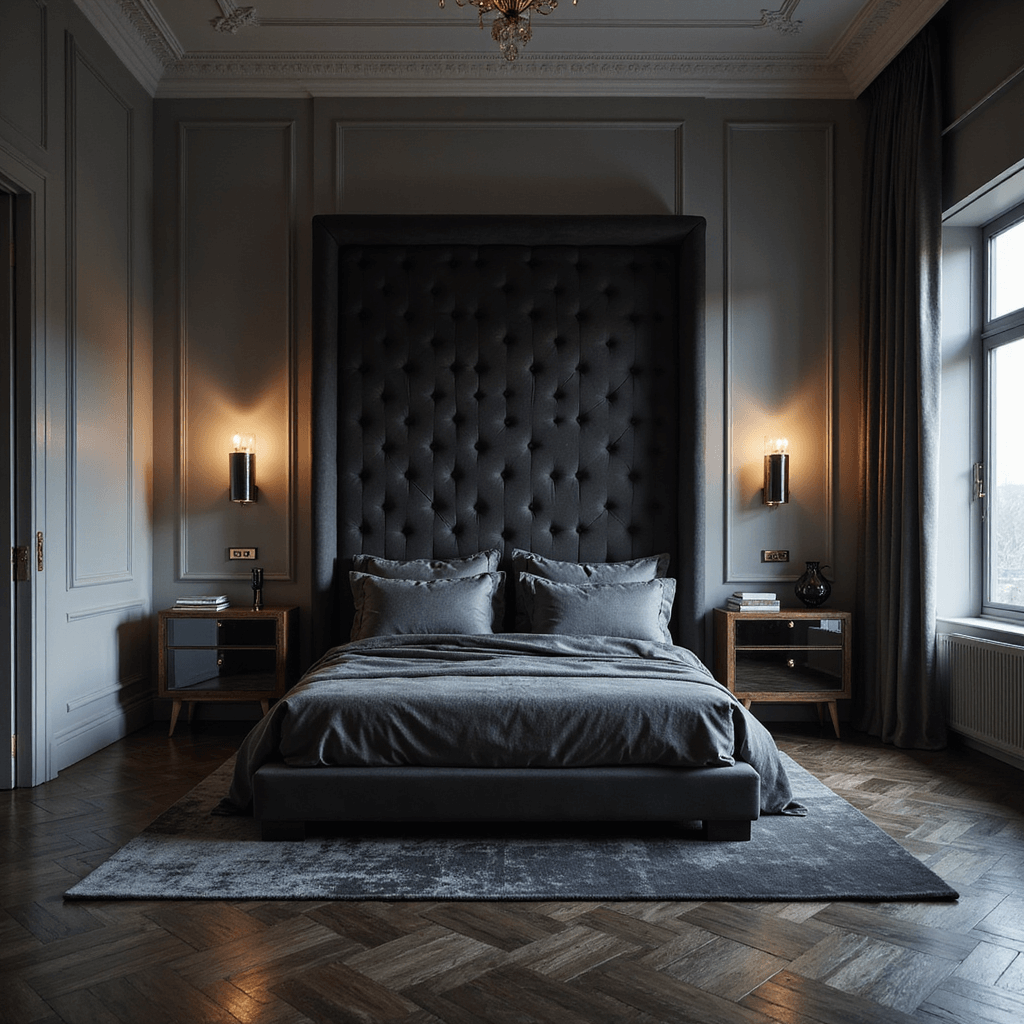 Dramatic dusk shot of a spacious primary bedroom featuring a tufted charcoal velvet headboard, contemporary black and gold sconces, dark herringbone floors, and oversized burled wood nightstands with smoky mirrors, all under high ceilings, with a cool-toned color palette and rich textures.