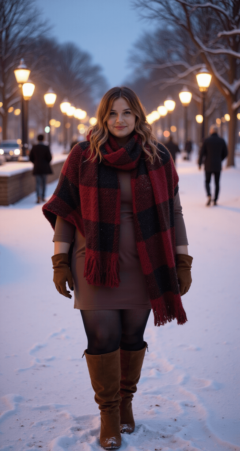 Winter Fashion Magic: Your Plus Size Style for 2024 A plus-size model in a winter dress and chunky knit blanket scarf stands in a snow-covered city park at dusk, surrounded by glowing streetlamps. She wears fleece-lined MUK LUKS tights and wide-width suede booties, with leather gloves accentuating her cozy look. The photo is shot from ground level with an 85mm lens, featuring a shallow depth of field that highlights the model against the enchanting winter backdrop.