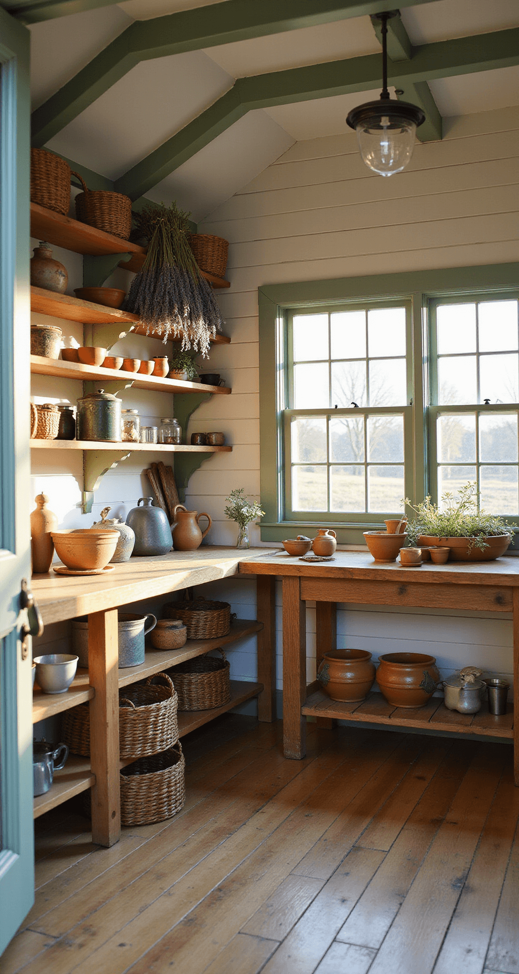 Interior of a cozy Classic English Cottage garden shed at golden hour, showcasing whitewashed shiplap walls, a vintage weathered oak potting bench with terra cotta pots, open shelving with woven baskets, and dried lavender hanging from beams, all illuminated by warm sunlight through mullioned windows and Dutch doors.