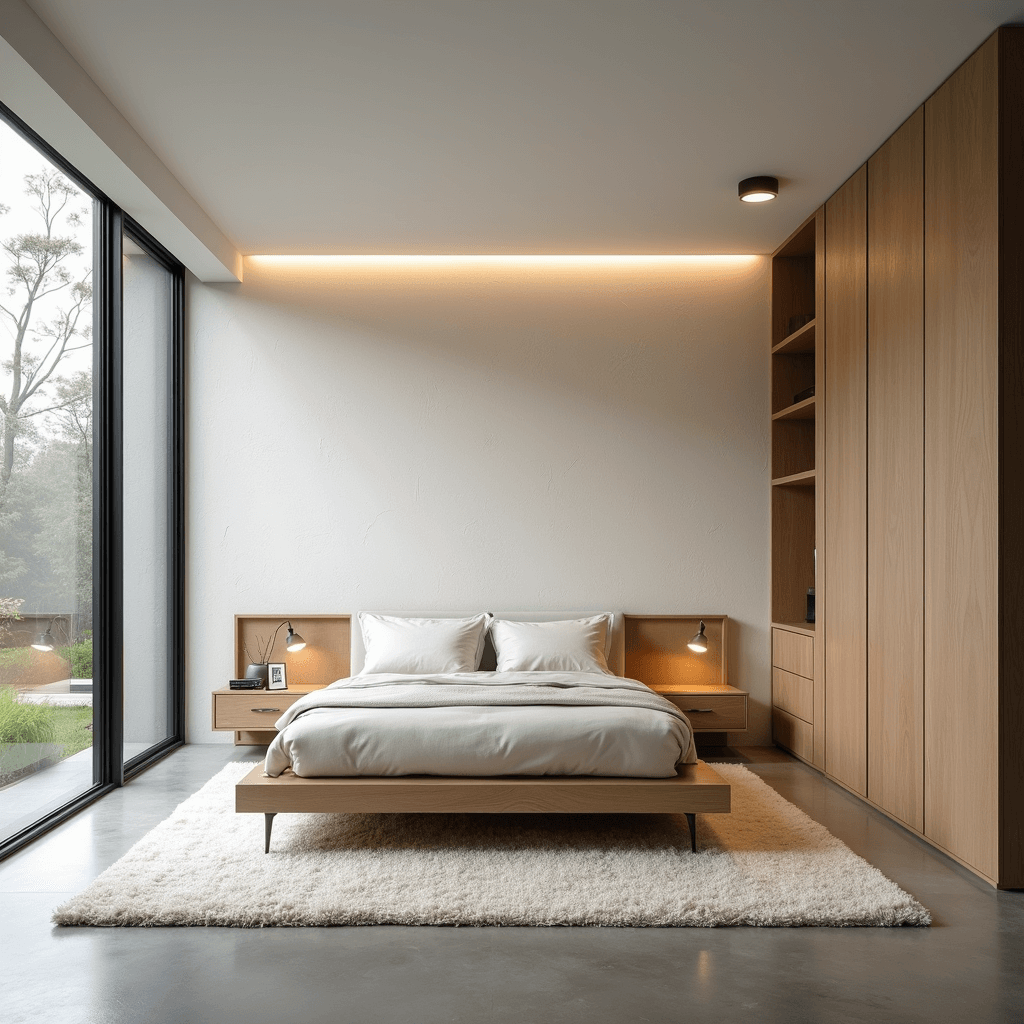 Minimalist bedroom with floor-to-ceiling windows, pale oak platform bed, floating nightstands, dressing area with full-height mirrors and built-in wardrobes, plush cream rug on concrete floors, and uplighting enhancing architectural details.