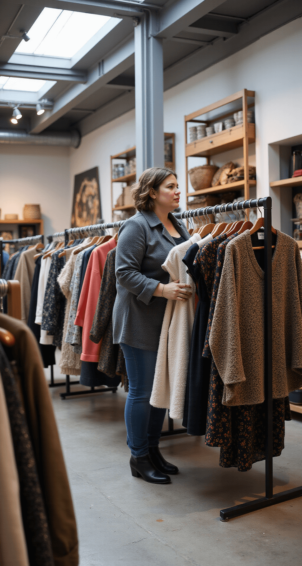 Winter Fashion Magic: Your Plus Size Style for 2024 A plus-size woman explores a modern retail space with industrial elements, surrounded by a curated selection of ModCloth dresses and Yours Clothing basics, featuring a variety of patterns and winter fabrics, all illuminated by natural skylight.