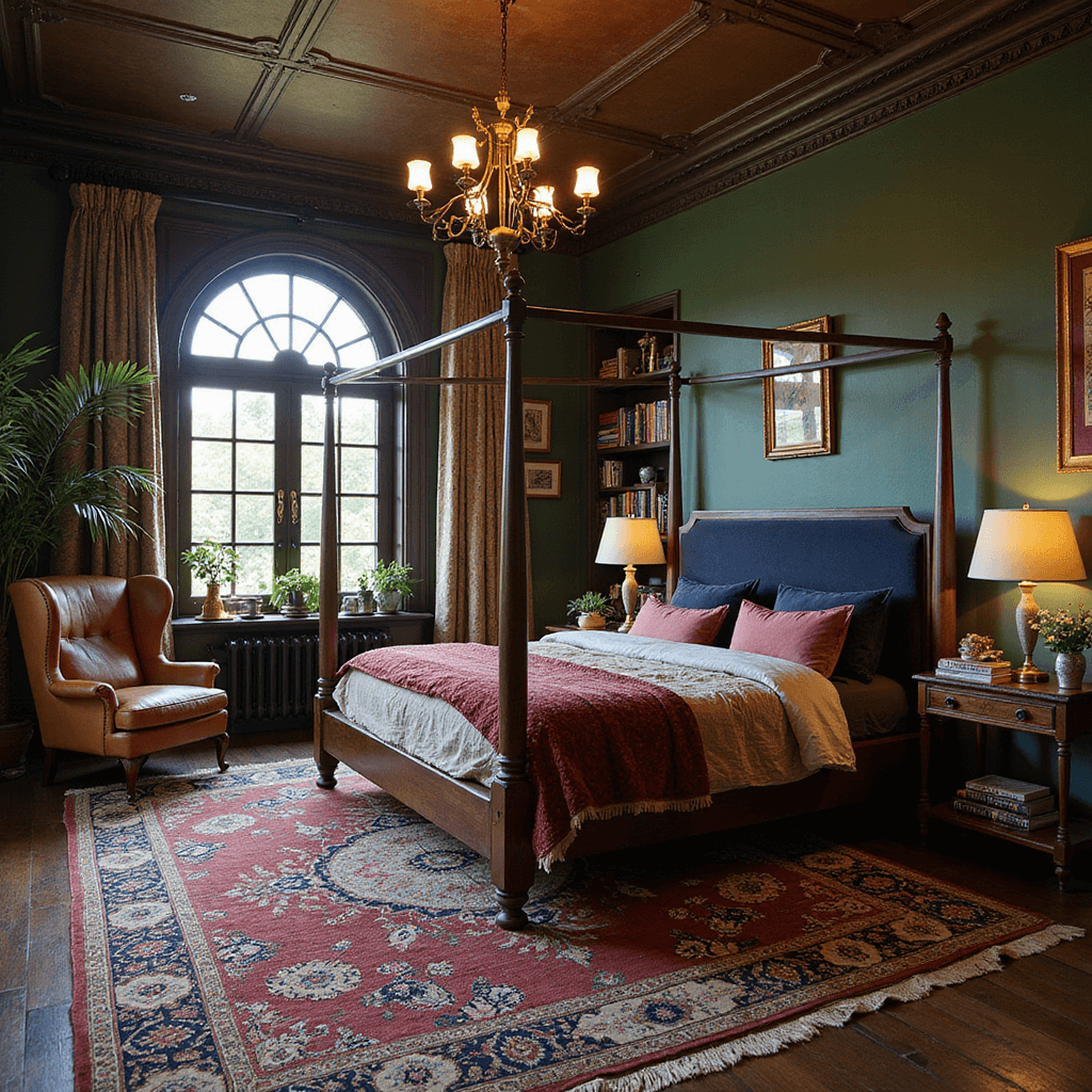A bohemian-luxe bedroom with a dramatic four-poster bed, illuminated by late afternoon sun through arched windows, featuring a vintage Persian rug, a leather club chair in a reading nook, layered textiles in rich jewel tones, and a brass chandelier, all captured from an elevated perspective.