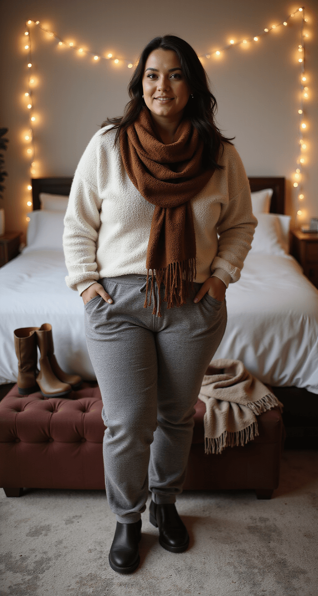 Winter Fashion Magic: Your Plus Size Style for 2024 A cozy bedroom scene featuring a plus-size model wearing fleece joggers and a fitted sweater, surrounded by plush textures and soft lighting, with stylish accessories on a velvet ottoman.