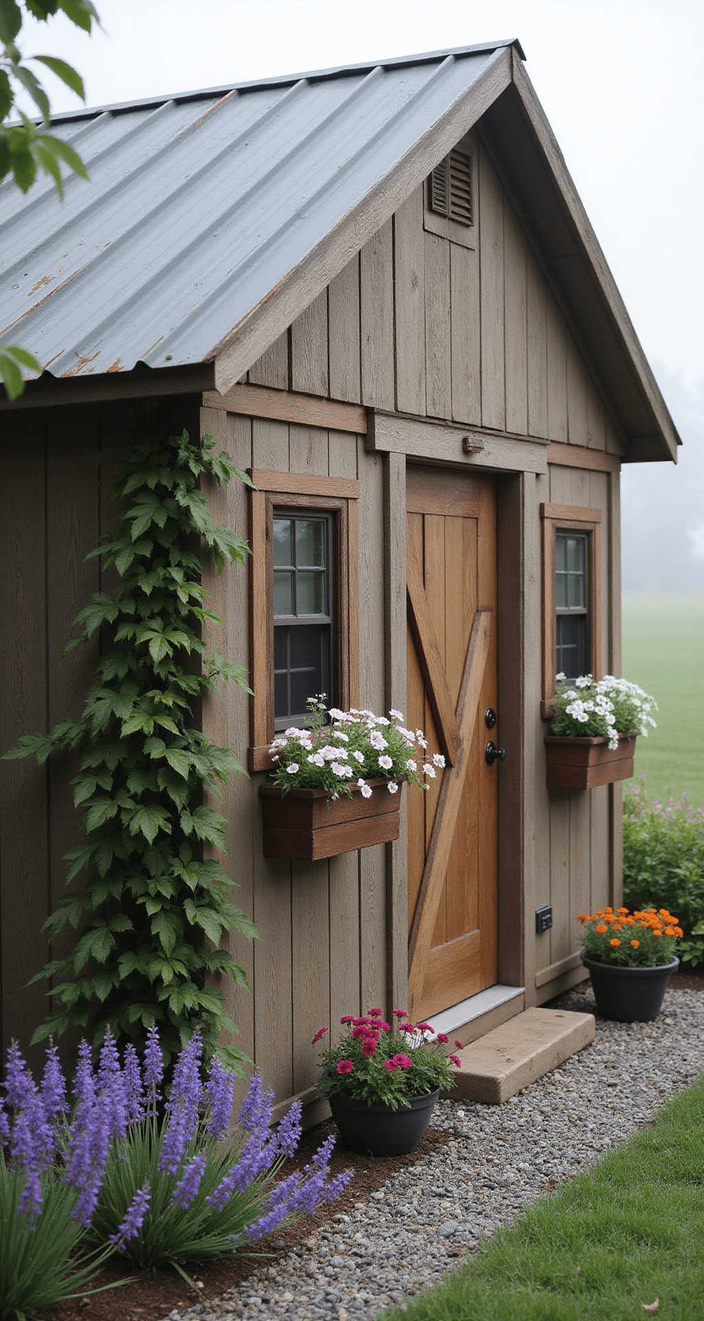 Rustic farmhouse shed with reclaimed barn wood siding and a metal roof, adorned with climbing roses and Boston ivy, surrounded by flower boxes overflowing with purple foxgloves and white cosmos, set in early morning mist with a lavender-lined gravel pathway leading to the door.