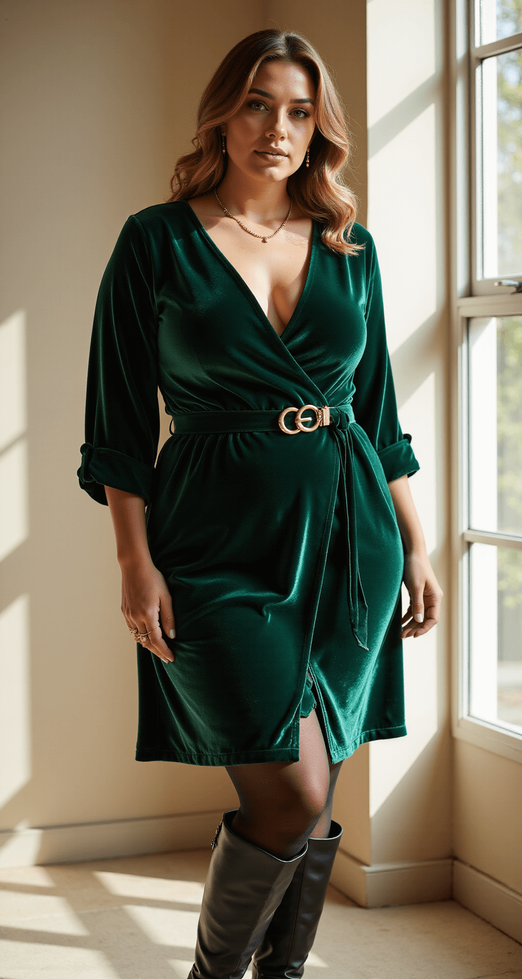 Plus-size model in a luxurious emerald velvet wrap dress with a deep V-neckline and flowing sleeves, styled with black fleece-lined tights and knee-high leather boots. The look is completed with a gold statement belt and delicate gold jewelry, set against a modern minimalist backdrop with soft natural light highlighting the fabric's texture.