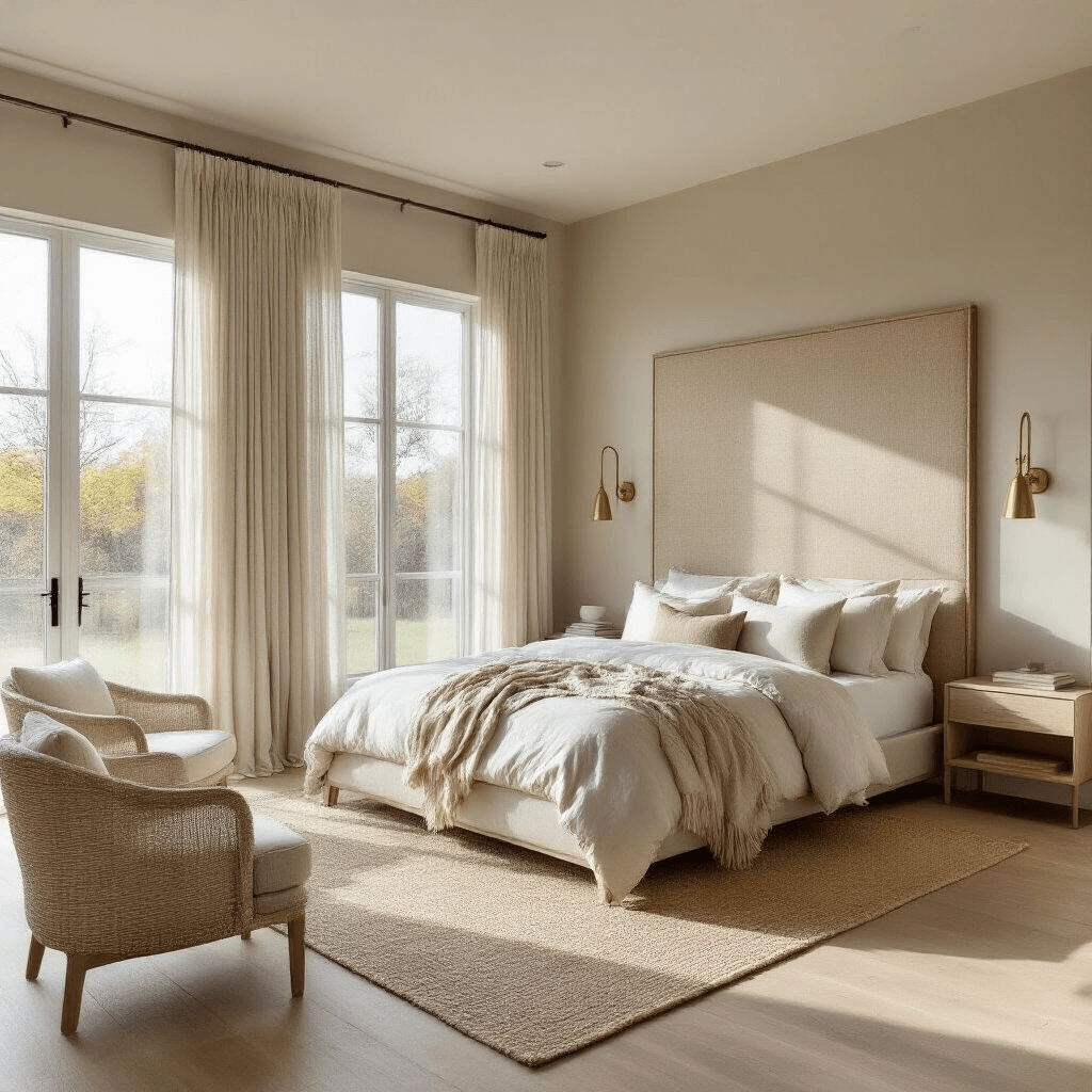 A serene modern beige bedroom featuring a king-sized platform bed with ivory linen bedding, bathed in morning light from floor-to-ceiling windows. The room includes bleached oak nightstands, curved bouclé chairs, a jute area rug, and minimalist brass sconces against a grasscloth headboard, complemented by pampas grass vases and an oversized neutral abstract art piece.
