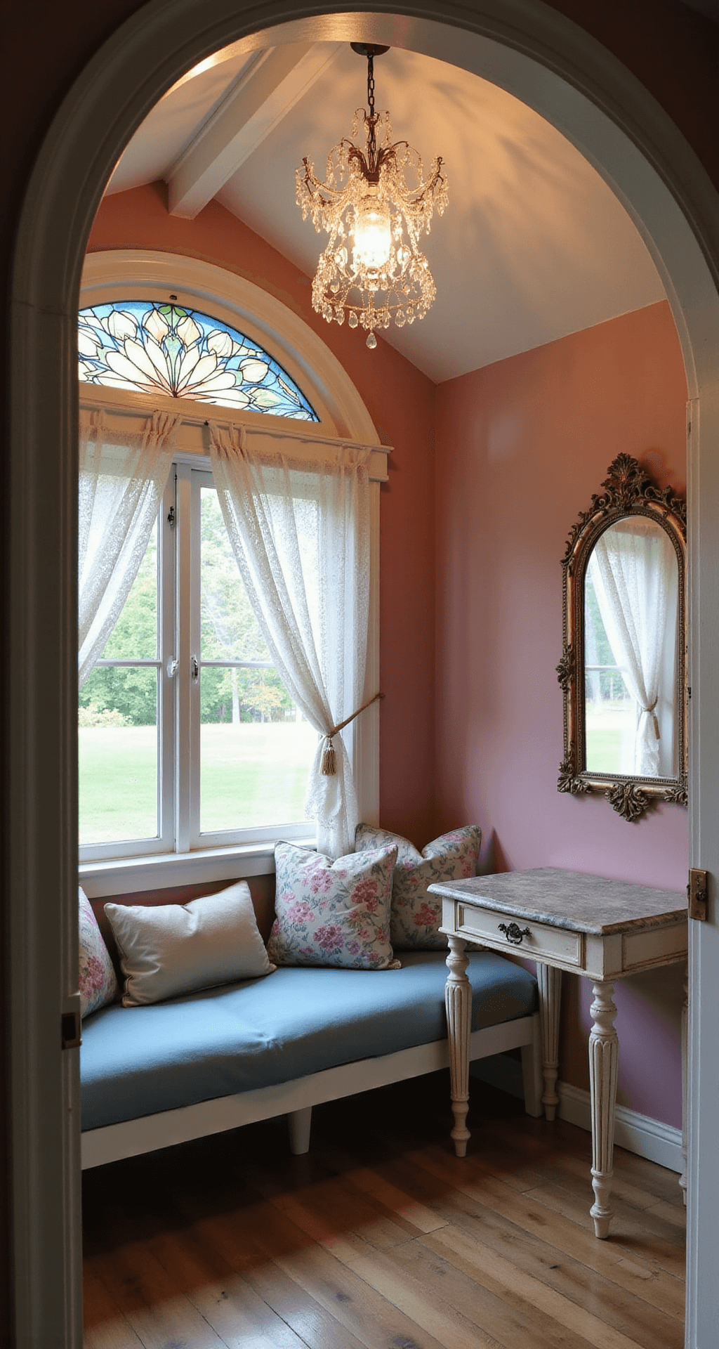 A whimsical shed interior features blush pink walls, an arched doorway with stained glass casting colorful patterns, a crystal chandelier, a built-in window seat adorned with dusty blue cushions and floral pillows, and fluttering lace curtains, all captured at dusk with mixed warm and cool lighting.
