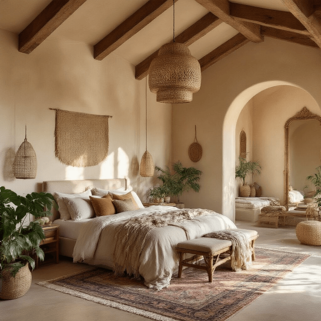 Intimate boho-style bedroom during golden hour, featuring a California king bed with Belgian linen, layered with Moroccan throws, vaulted ceiling with wooden beams, and warm putty walls adorned with woven hangings, set against a vintage Persian rug.