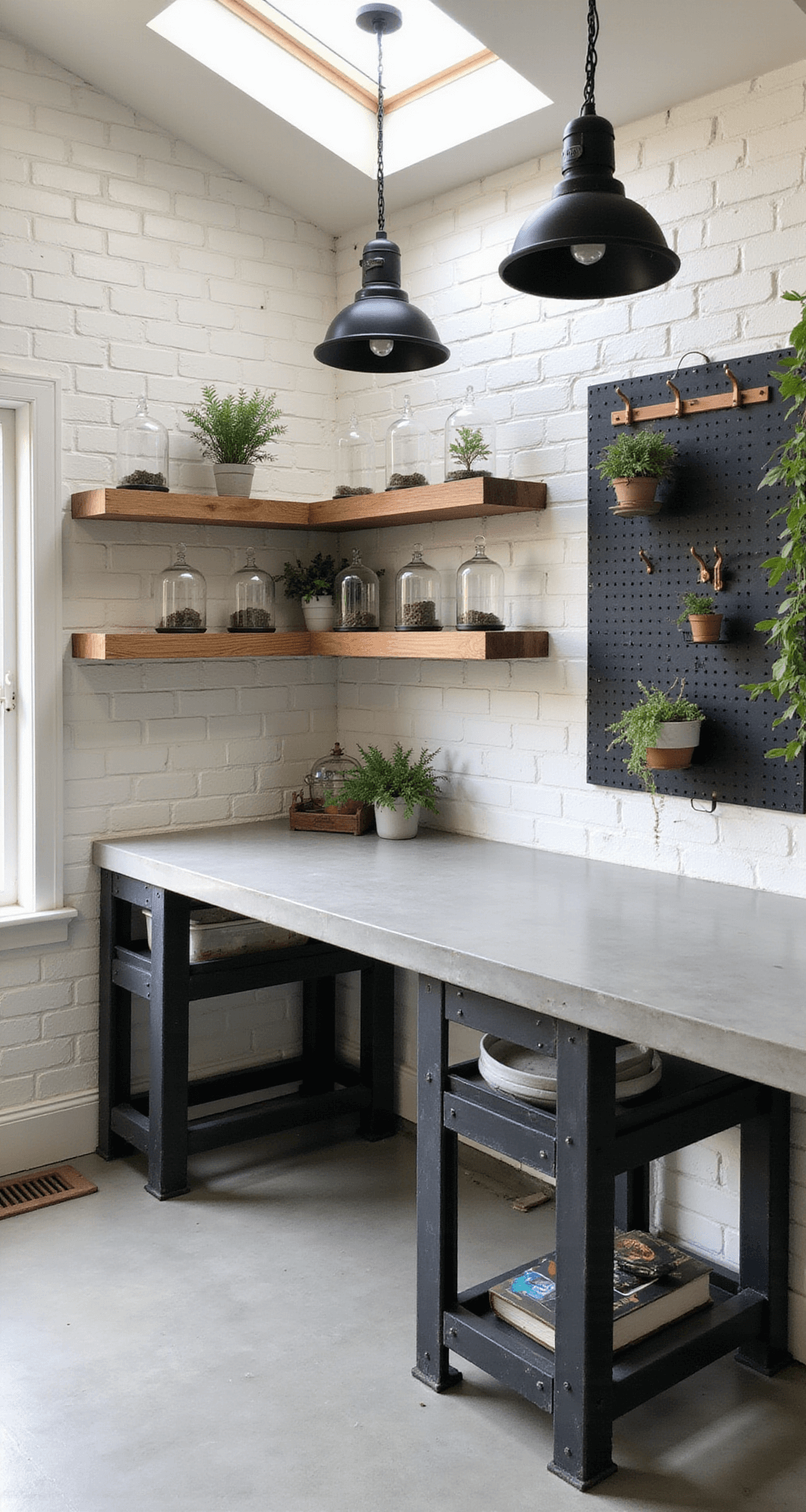 A modern cottage shed workspace featuring a 12'x14' layout with industrial-style potting station, concrete countertop, black metal frame, white subway tile backsplash, floating wooden shelves with vintage glass cloches and terrariums, a sleek black pegboard organizational system with copper hooks, and oversized industrial pendant lights, illuminated by midday light from skylights.