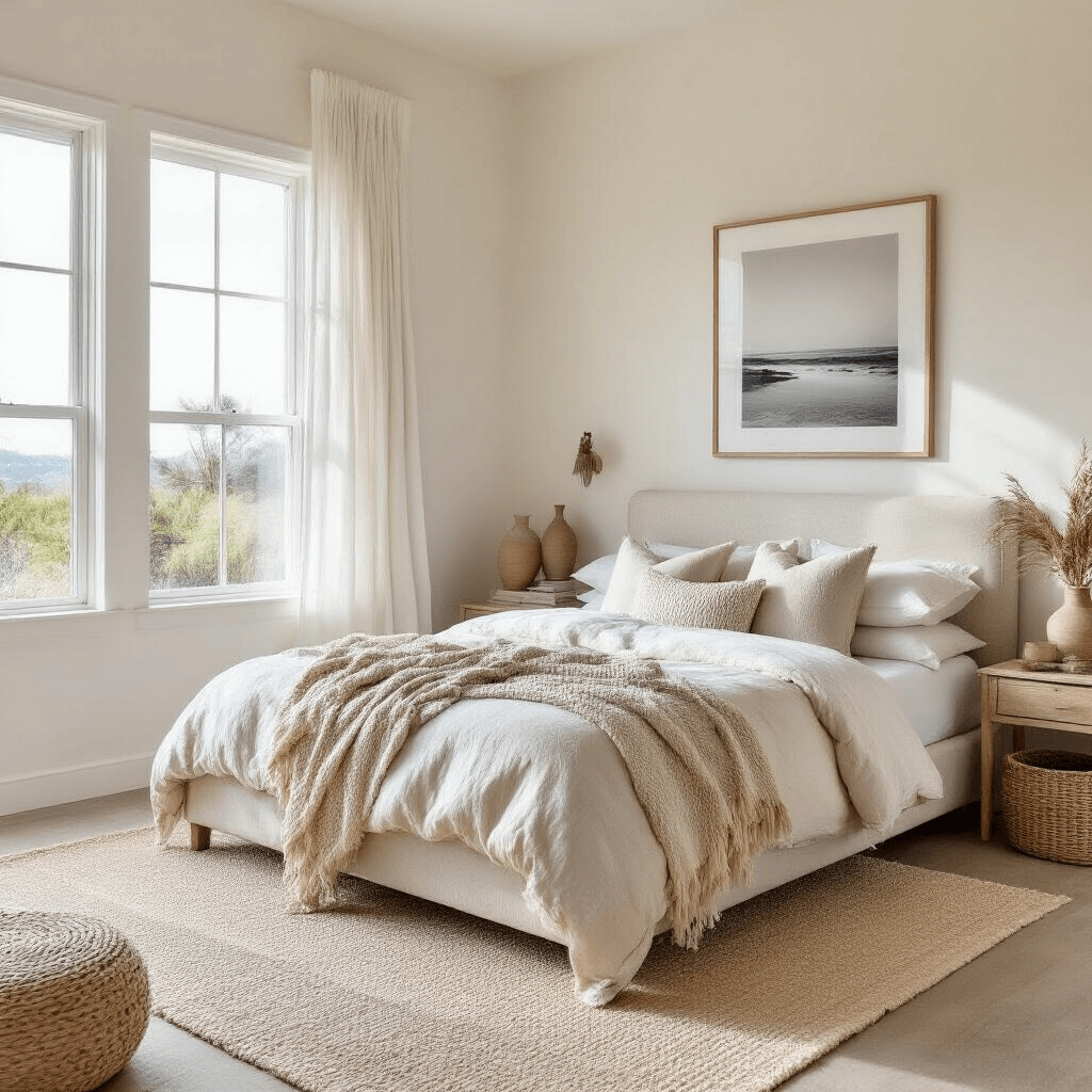 Airy coastal minimalist corner bedroom featuring dual aspect windows, creamy white walls, a low-profile linen bed with textured bedding, organic driftwood accents, seagrass baskets, and billowing sheer curtains, photographed from an elevated angle.