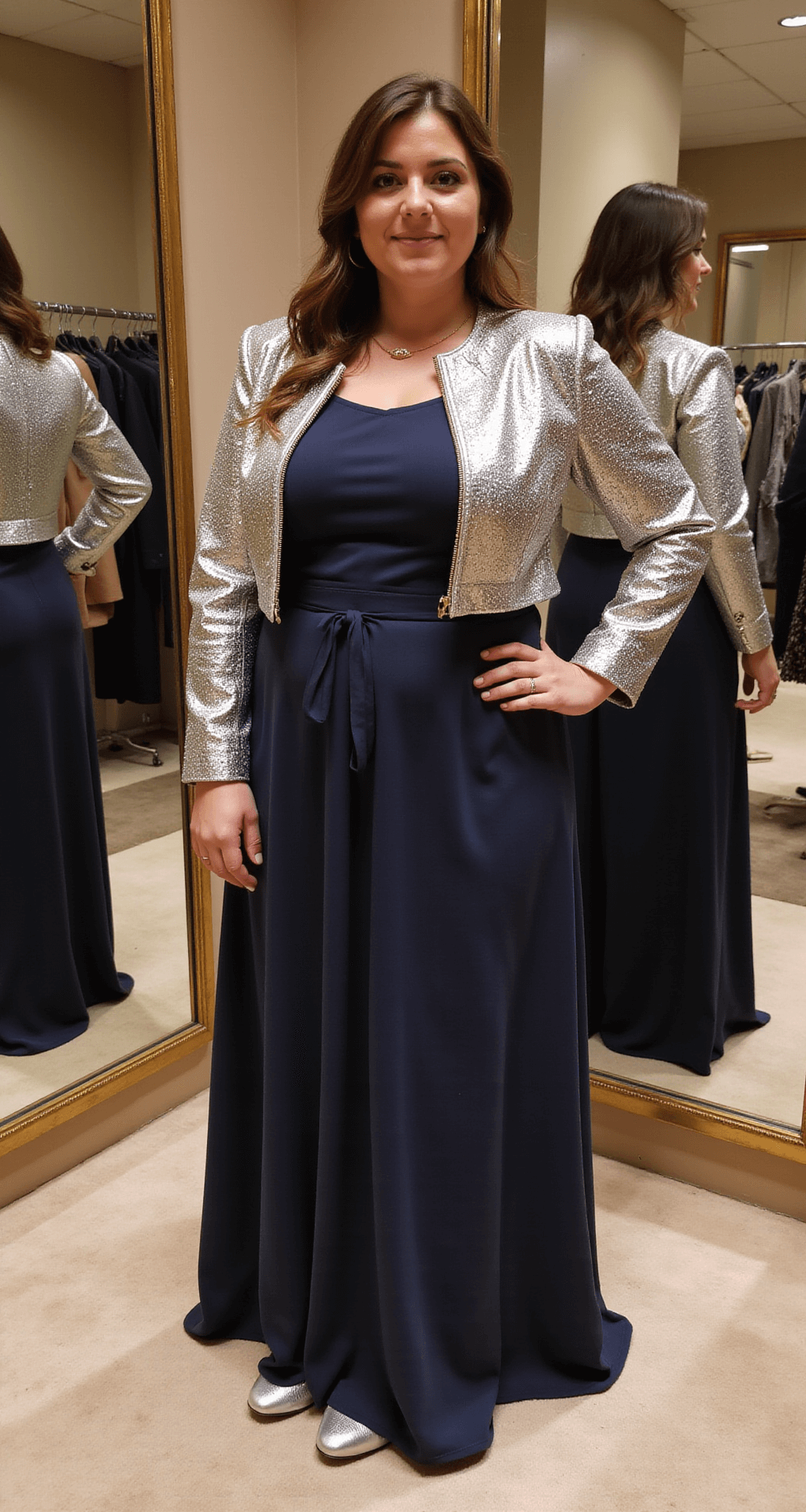 A plus-size model poses in a stylish boutique fitting room, showcasing a navy jersey maxi dress paired with a cropped silver metallic jacket. The scene features warm ambient lighting, a plush cream carpet, and a brass clothing rack in the background. Close-up details highlight intricate jacket beading and the dress's draping, complemented by silver ankle boots and a matching clutch. A three-way mirror captures multiple angles of the outfit.