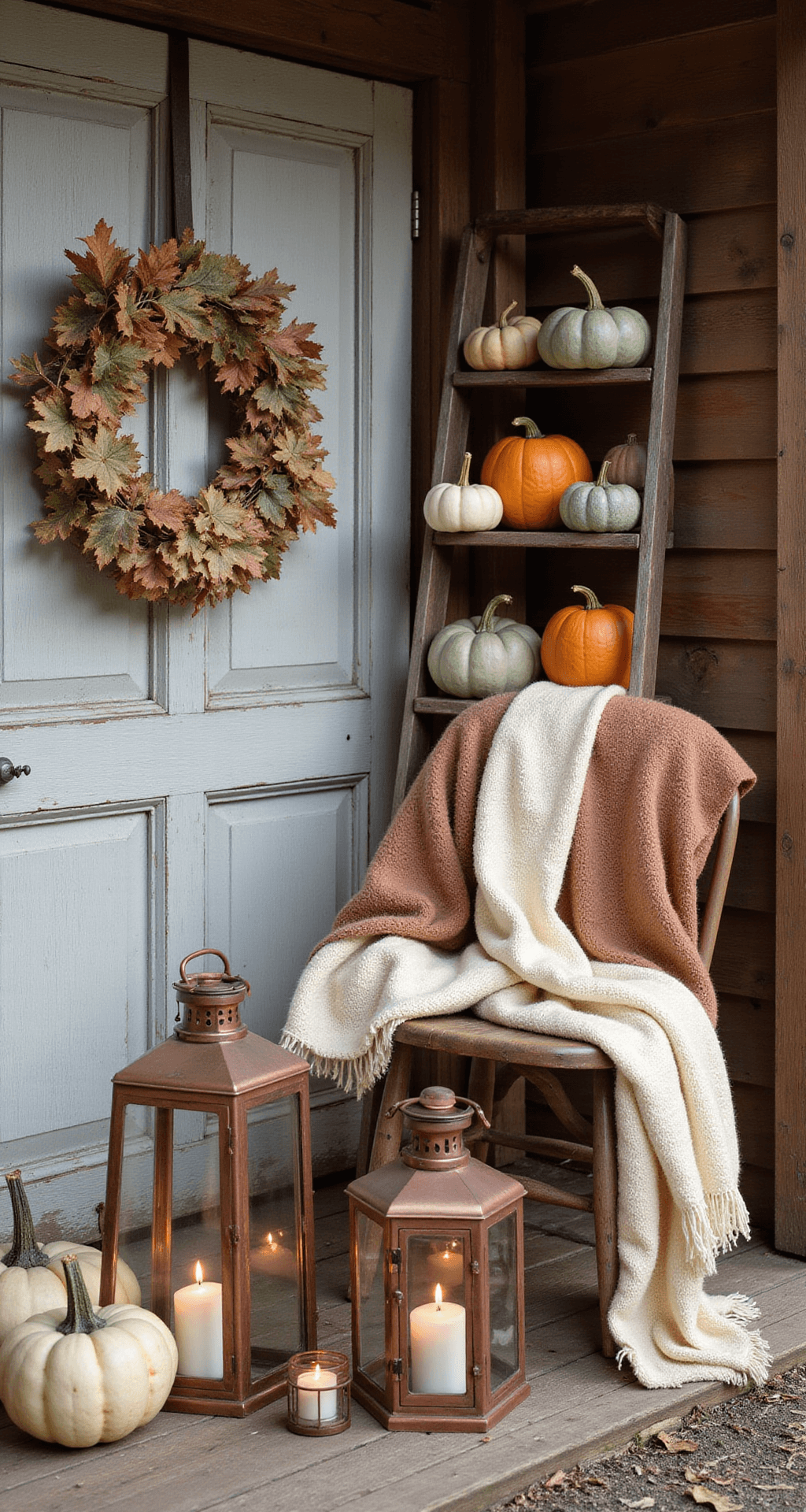 A cozy fall vignette featuring a weathered wooden door adorned with an autumn wreath of dried hydrangeas and oak leaves. Heirloom pumpkins in muted orange and sage green tones are artfully displayed on a vintage ladder, while cream and rust wool throw blankets are draped over an antique chair. Warm-toned copper lanterns with flickering LED candles add ambiance, all captured in late afternoon light from a 45-degree angle.