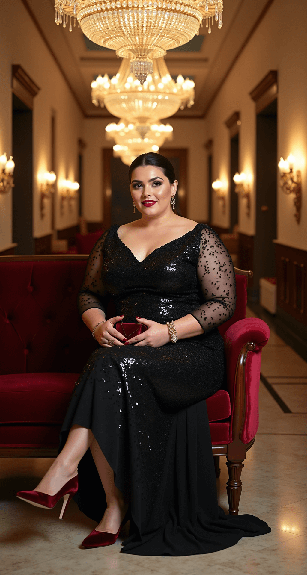 A plus-size model in a black sequined cocktail dress with sheer sleeves sits elegantly on a velvet settee in a luxurious hotel lobby, illuminated by a sparkling crystal chandelier. She pairs her look with burgundy velvet pumps and a matching clutch, featuring dramatic makeup and a classic updo. The wide shot captures marble floors and gilded mirrors, enhancing the opulent atmosphere at dusk.