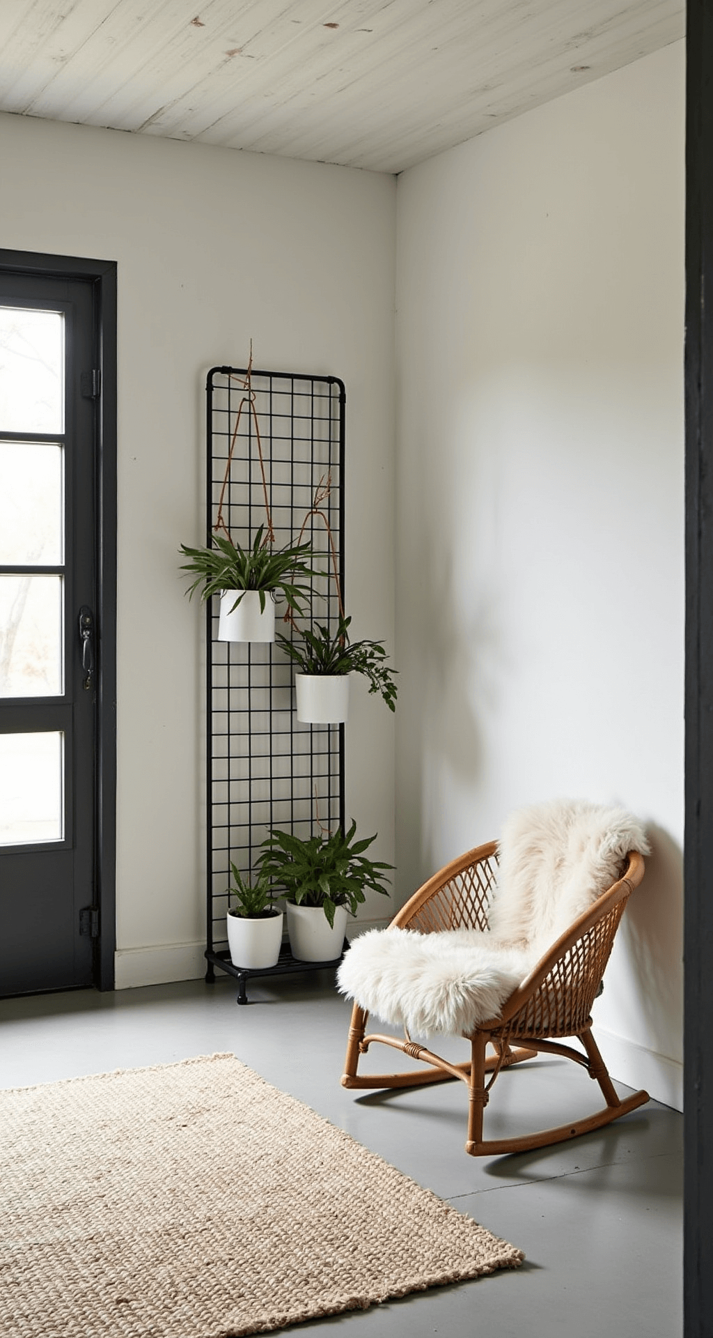 Minimalist cottage shed interior featuring white Scandinavian-inspired walls, pale ash wood accents, and a metal grid storage system with hanging plants. A natural jute rug covers the painted concrete floor beneath a rattan peacock chair adorned with a sheepskin throw. The space is illuminated by morning light streaming through a large black-framed industrial window, captured from an elevated angle to showcase the layout.