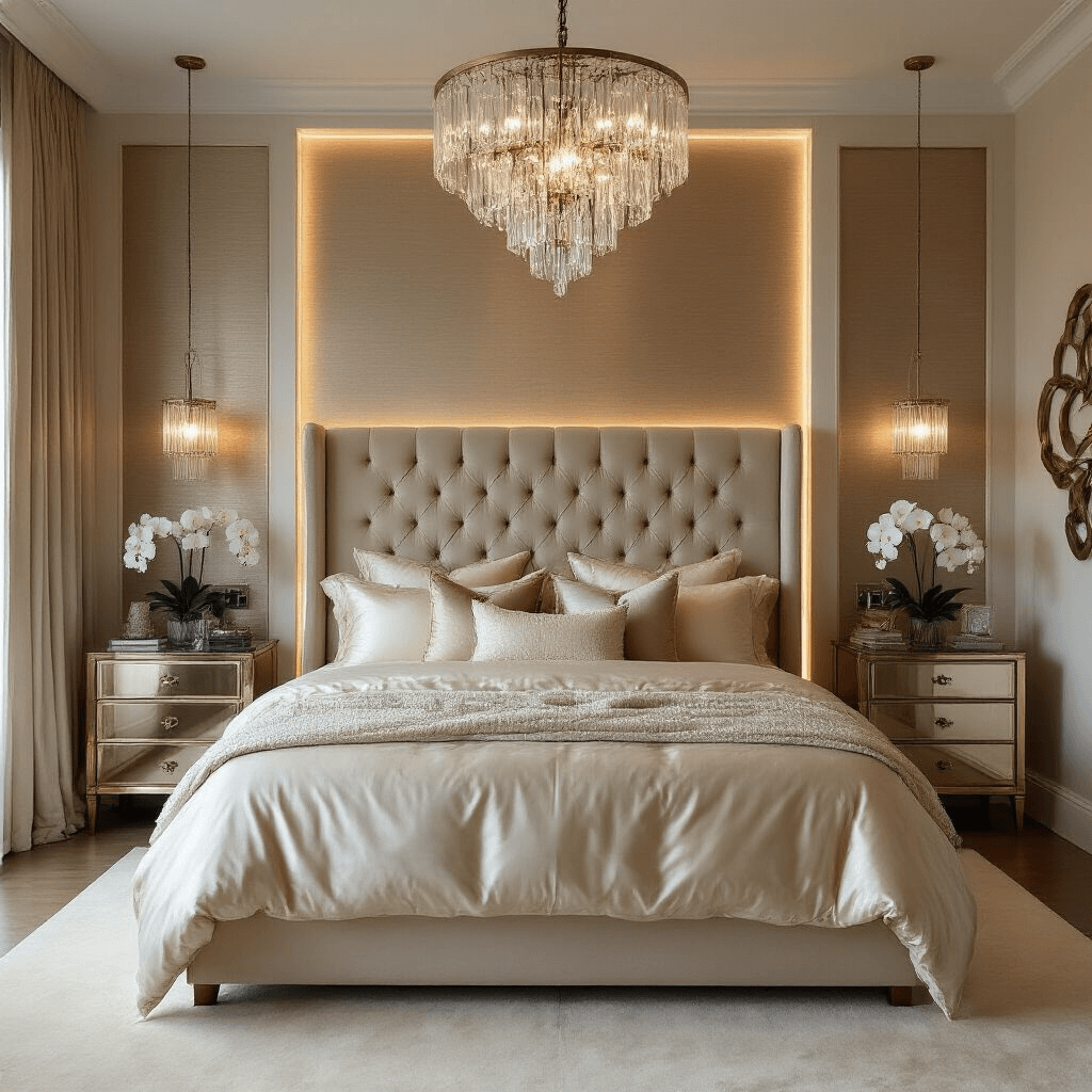 Sophisticated 13x15ft modern bedroom at dusk with cove lighting, featuring a tall tufted champagne velvet headboard against a metallic grasscloth accent wall, layered ivory silk and cream velvet bedding, a crystal chandelier, mirrored nightstands with brass accents, plush cream carpet, and styled with orchids in tall glass vases and an abstract metal wall sculpture.