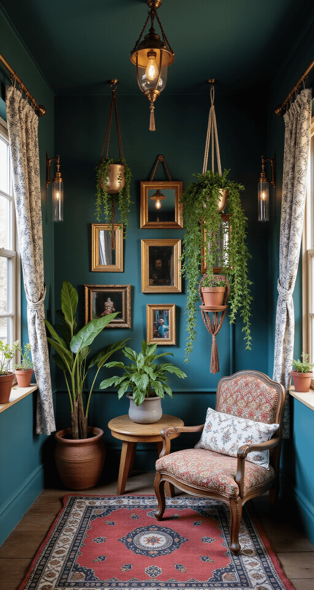 A cozy Bohemian garden shed sanctuary at twilight, featuring deep teal walls with gold accents, macramé plant hangers with trailing vines, a gallery wall of vintage brass-framed mirrors, and Moroccan lanterns casting intricate shadows, with Indian block print textiles as curtains and cushions, illuminated by ambient and accent lighting.