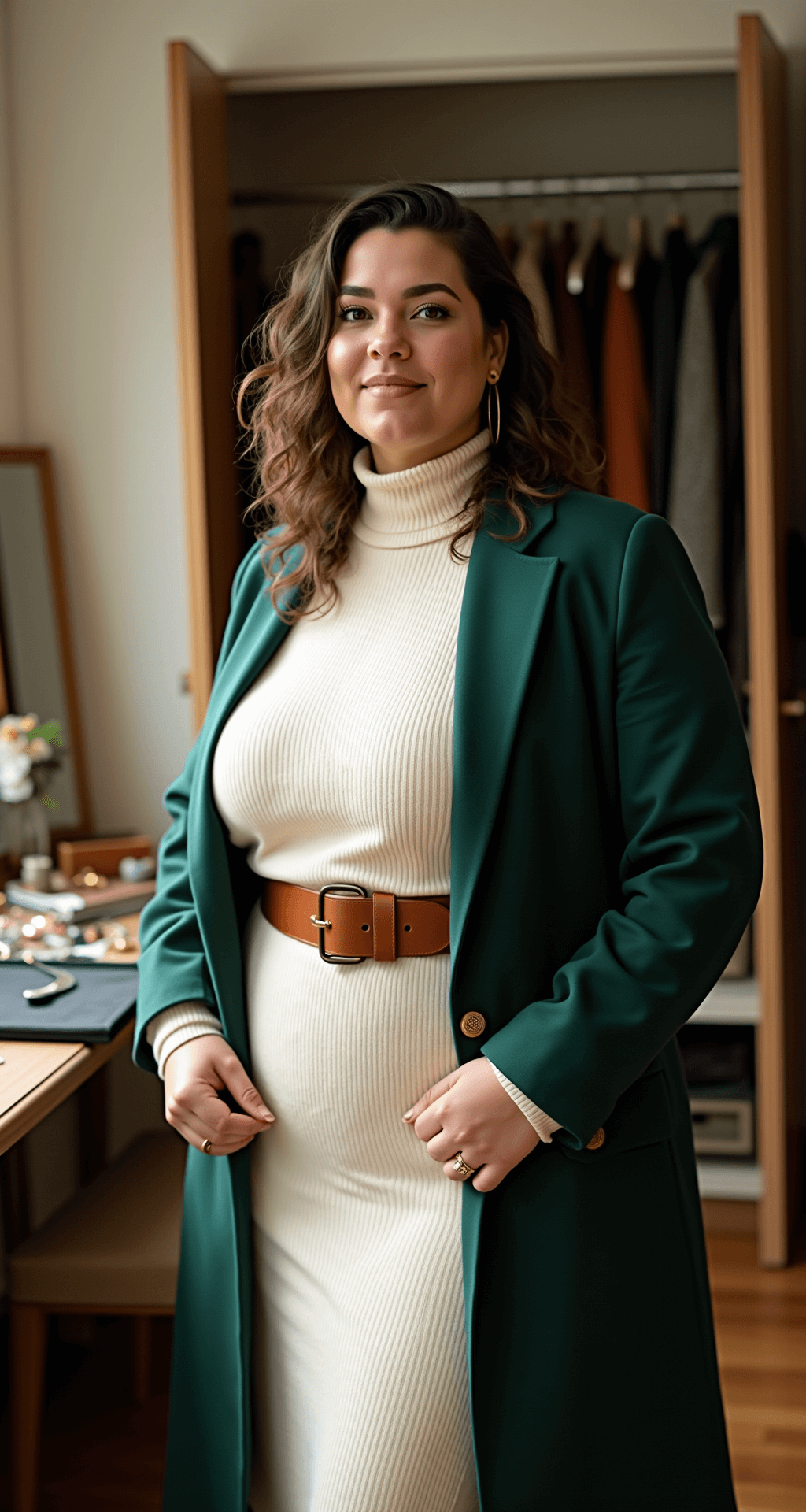 A plus-size model assembles a winter outfit in a sunlit home dressing room, featuring a cream turtleneck sweater dress, cognac leather belt, and forest green blazer. An open closet displays a coordinated winter wardrobe, while metallic accessories are neatly arranged on a mirrored vanity, captured from a 45-degree angle.
