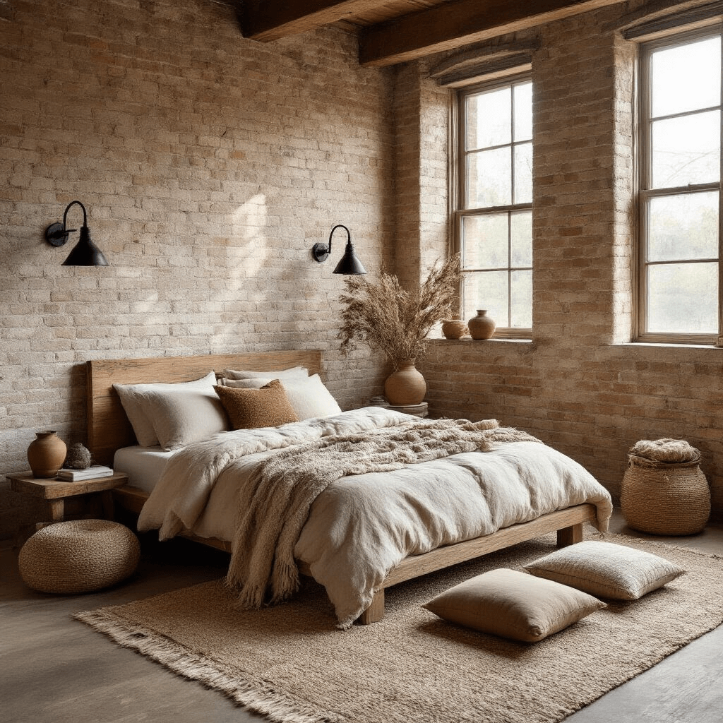 A cozy 12x13ft bedroom at dawn featuring warm ecru exposed brick walls, a reclaimed wood platform bed with beige organic cotton bedding, and layered textiles, including a vintage kilim rug over sisal. Industrial black sconces illuminate the space, complemented by earthenware vessels, dried botanicals, and meditation cushions, all bathed in soft morning light.