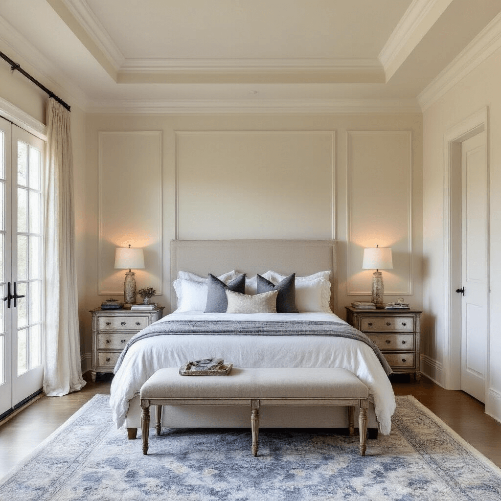 Serene main bedroom with cream walls and a tray ceiling, featuring a king-sized upholstered bed, antiqued mirror nightstands, layered bedding, and a vintage Persian rug, captured during golden hour with warm light filtering through sheer linen panels.