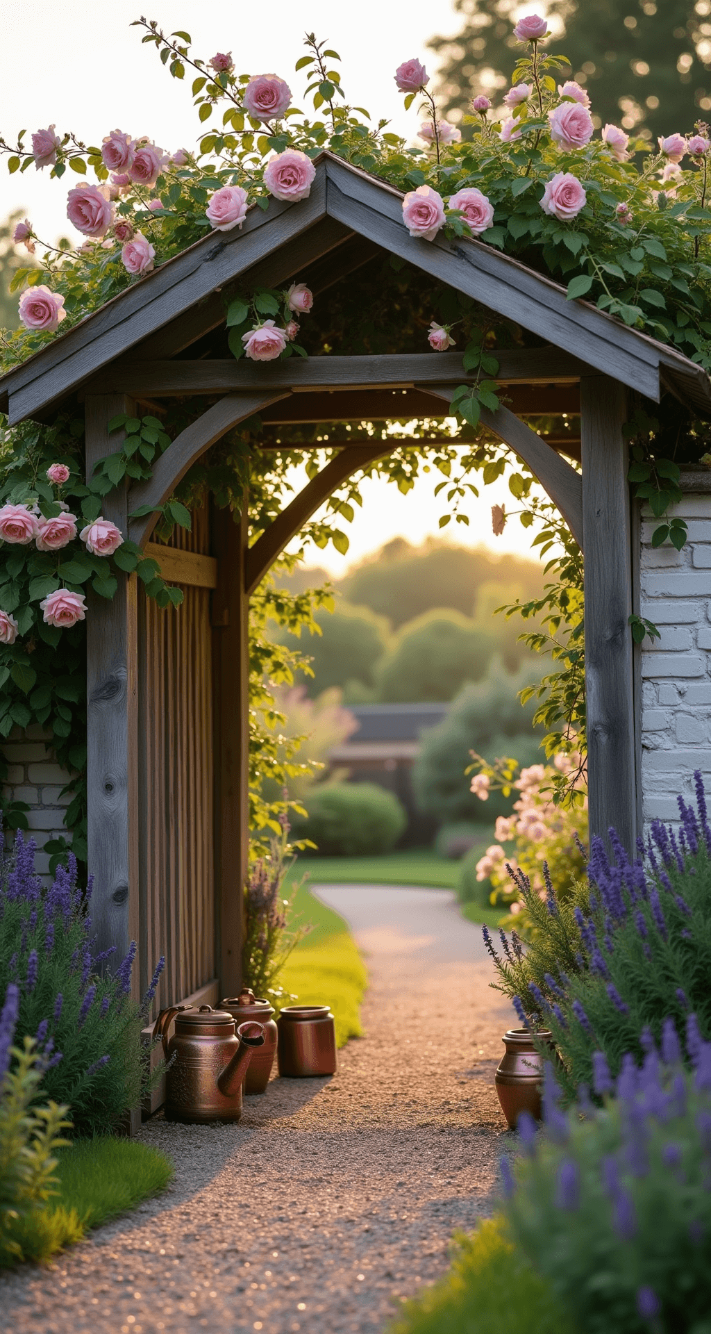 A sunlit cottage garden entrance at golden hour features a weathered wooden arbor draped with blooming 'New Dawn' roses, soft blush petals contrasting against whitewashed brick walls. A gravel path lined with lavender and pastel foxgloves leads to vintage copper watering can and terracotta pots, while dewdrops glisten on the roses, captured in dreamy bokeh.