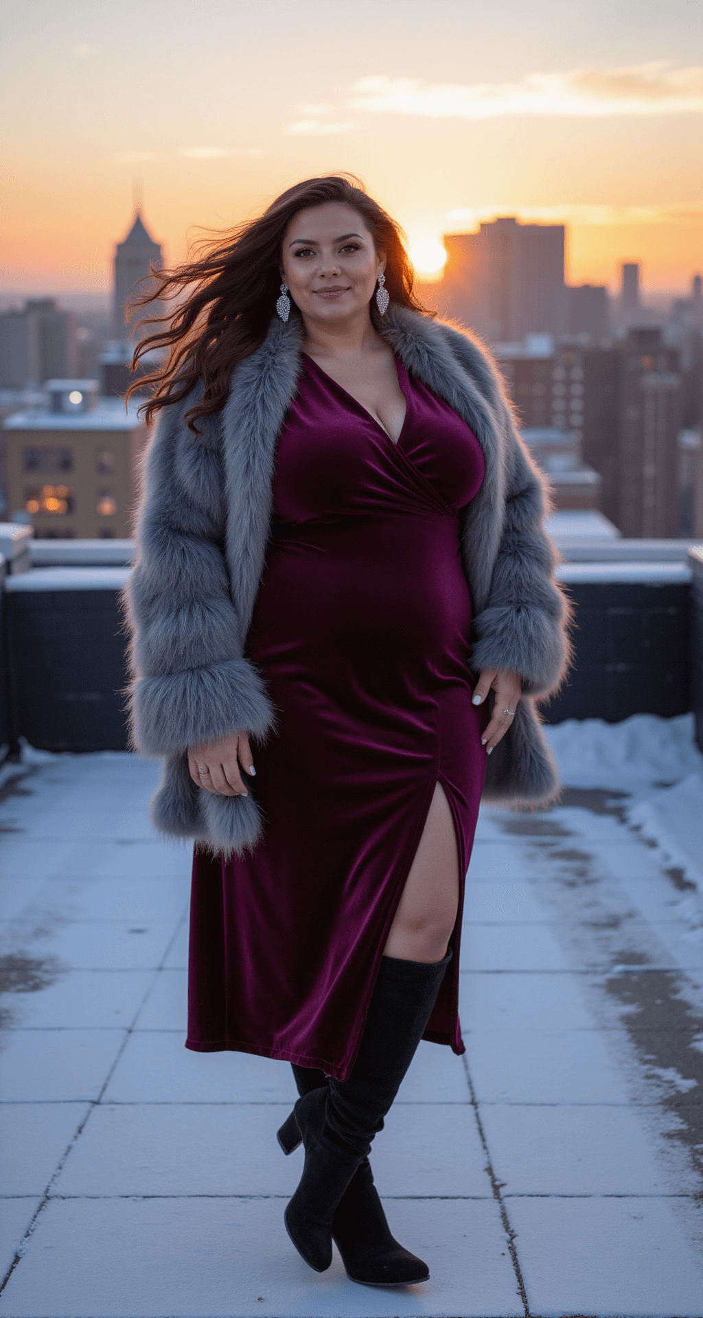 A plus-size model in a plum velvet midi dress with a side slit and gray faux fur stole poses on a snowy city rooftop terrace at sunset, with the Manhattan skyline in the background. She wears black suede over-the-knee boots and silver statement earrings, as the wind lifts her dress and hair, creating movement against warm backlighting.