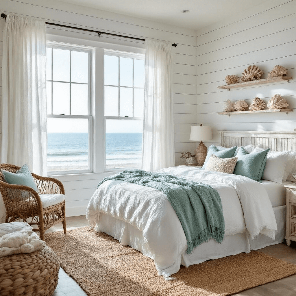 Coastal-inspired bedroom with white shiplap wall, ocean-facing windows, queen bed in textured white linens, seafoam green throws, natural fiber pillows, distressed white oak furniture, woven rattan chair, and jute rug, all illuminated by morning light.
