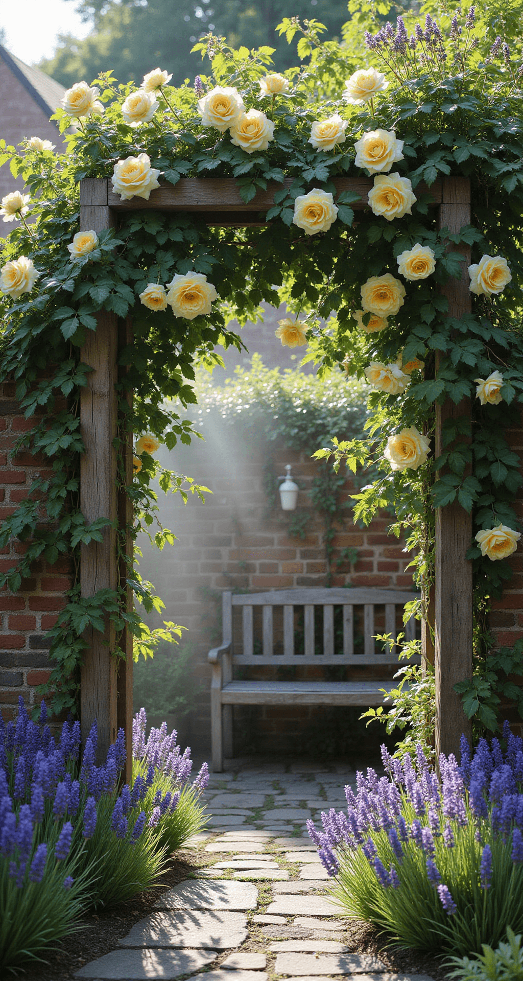 Close-up of a rustic wooden trellis draped with 'Graham Thomas' yellow roses and white clematis, set against an aged brick wall. Vintage metal garden tools are arranged artfully nearby. A cobblestone path leads to a weathered wooden bench surrounded by lush lavender and salvia, all enveloped in soft morning mist. Natural lighting accentuates the dew on the flowers in an intimate garden nook.