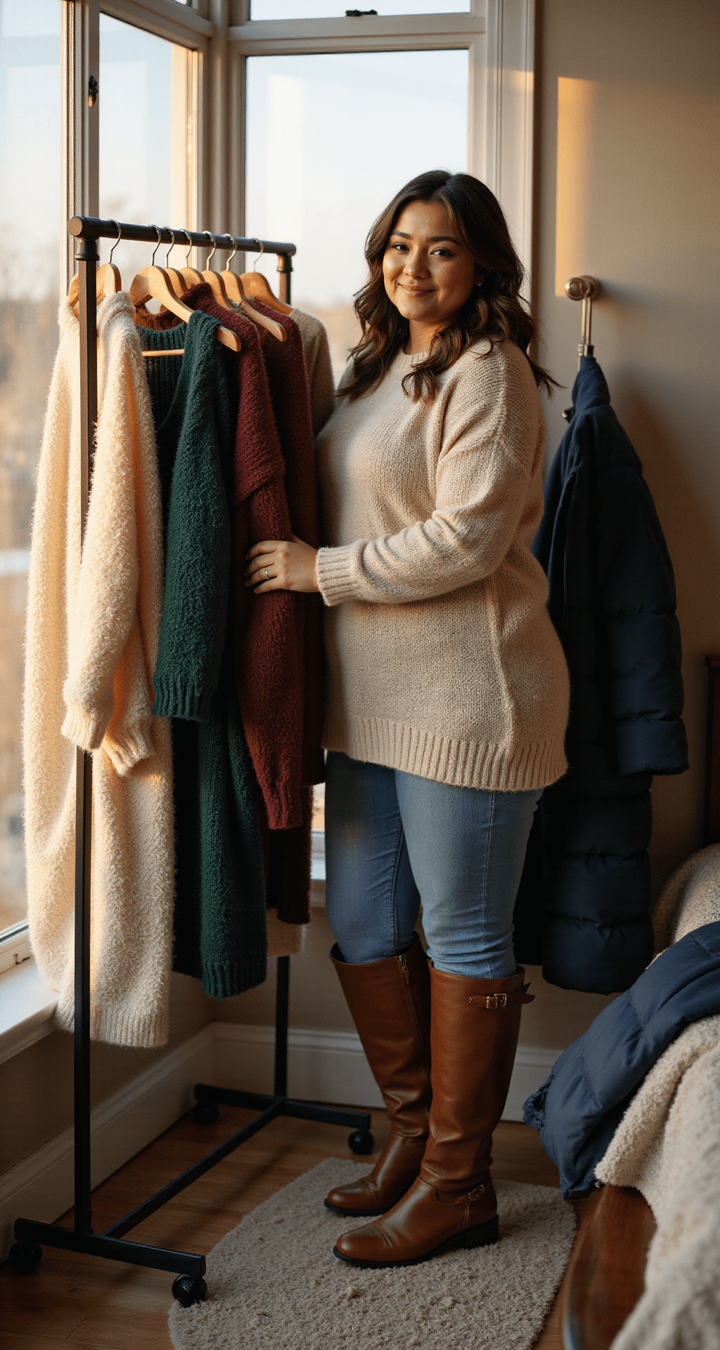 A cozy bedroom corner filled with natural light, featuring a plus-size woman organizing her winter wardrobe, including oversized sweaters, a plush navy puffer coat, and brown leather wide-calf boots, all captured with warm golden hour lighting and shallow depth of field.