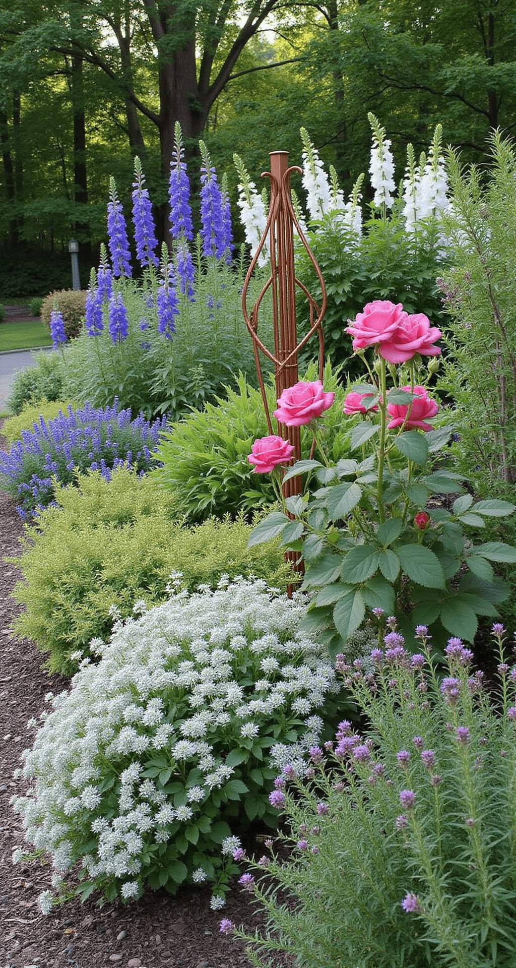A late afternoon garden scene featuring a 15-foot mixed perennial bed with deep pink 'Gertrude Jekyll' roses, towering blue delphiniums, and white foxgloves, framed by silver-leaved herbs and catmint. A copper-toned garden obelisk serves as the focal point, with dappled sunlight filtering through the tree canopy above. The image is shot from a slight elevation, showcasing a layered planting design with soft focus edges.