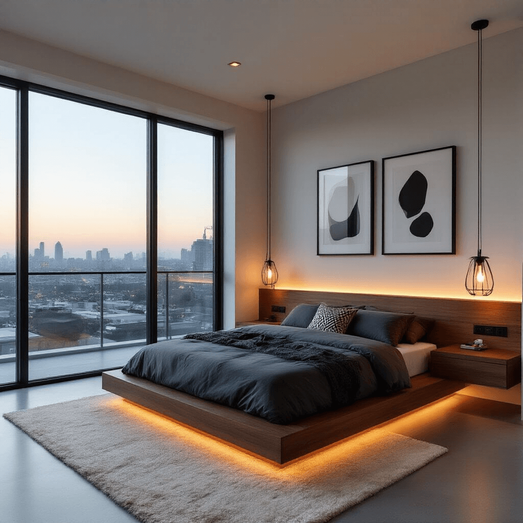 Modern minimalist bedroom at dusk with floor-to-ceiling windows showcasing city lights, featuring a walnut platform bed dressed in charcoal linen, geometric throw pillows, and pendant lights casting shadows. The space includes a monochromatic art gallery wall, polished concrete floors with an ivory area rug, and built-in floating nightstands with LED strips.