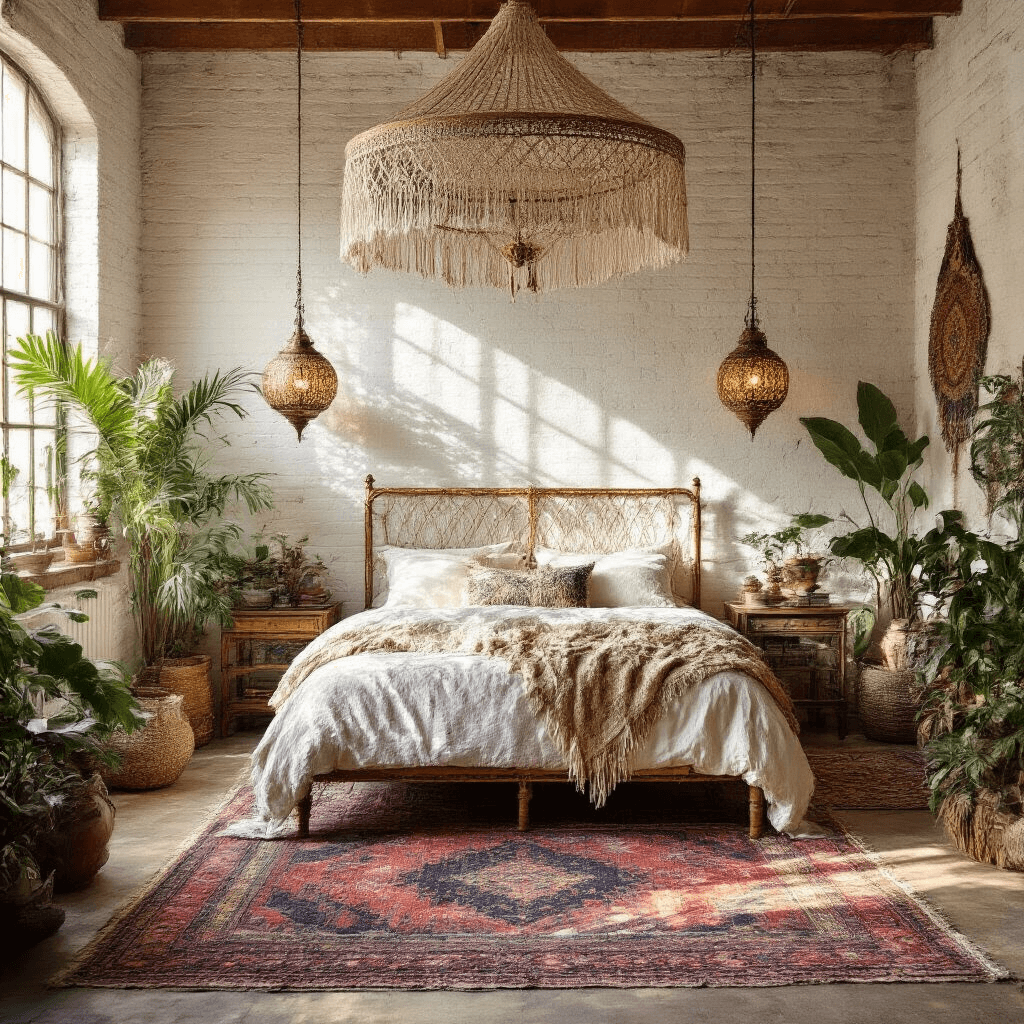 A cozy bohemian sanctuary featuring a vintage brass bed with a macramé canopy against a white-painted exposed brick wall. The floor is adorned with layered Turkish rugs in jewel tones, surrounded by abundant plants soaking in sunlight. A collection of mixed metals and carved wood pieces adds to the eclectic atmosphere, illuminated by Moroccan pendant lights casting intricate shadows. The scene is captured in warm golden afternoon light.
