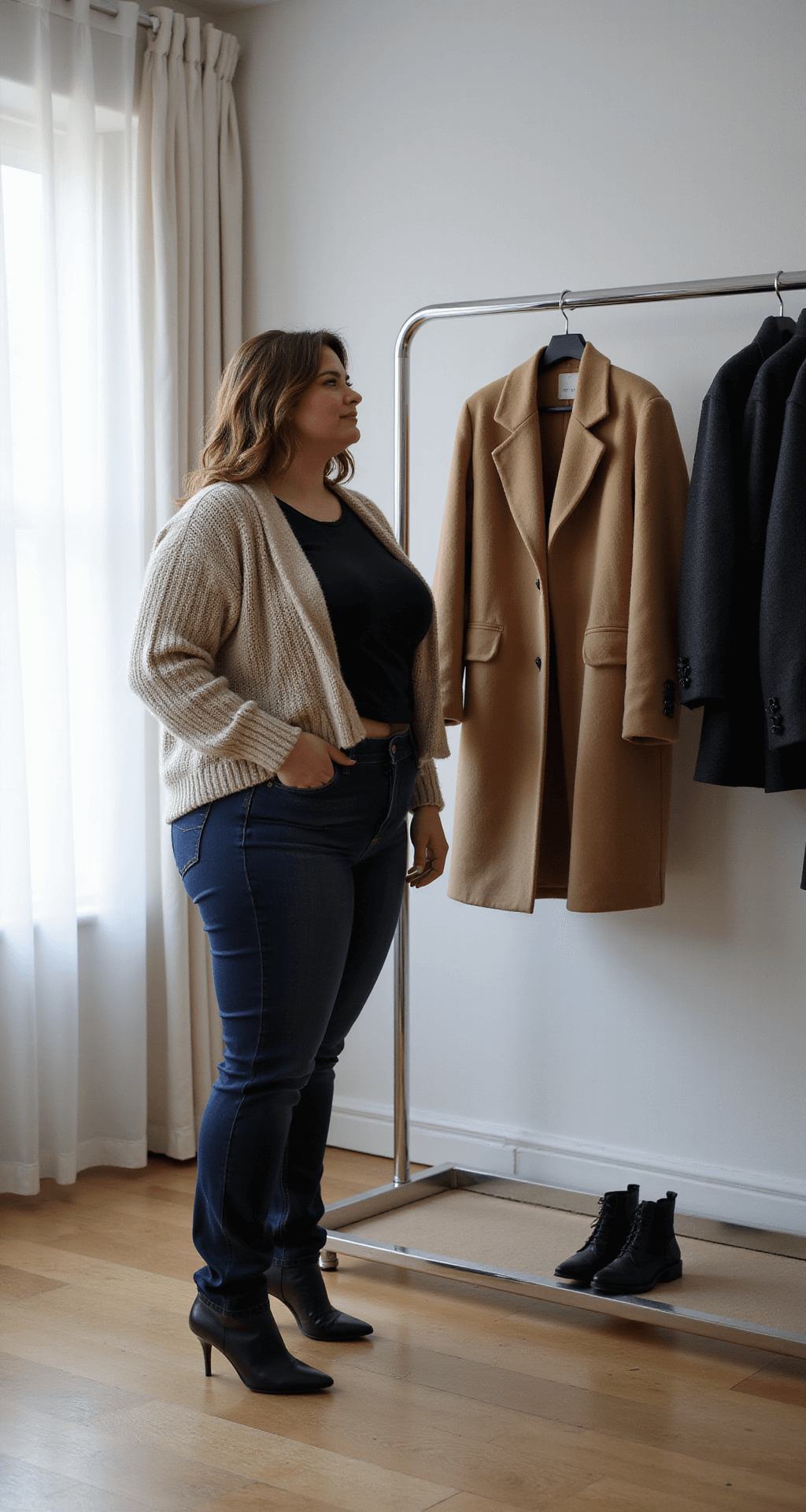 A plus-size model showcases expert layering in a modern minimalist dressing room, wearing a fitted black base layer and high-waisted dark wash jeans, with a chunky oatmeal knit sweater being added, while a camel wool coat rests on a stylish clothing rack, illuminated by soft morning light.