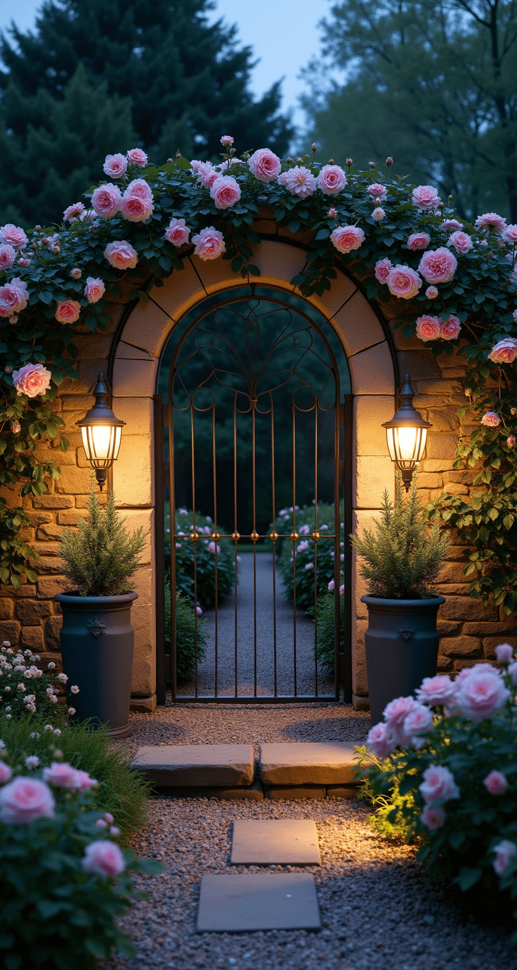 Twilight garden room with ancient stone walls covered in climbing 'Queen of Sweden' roses, a vintage iron gate framed by potted standard roses, gravel path lit by copper lights, and ground cover roses spilling onto flagstone steps, all captured in a moody blue hour ambiance.