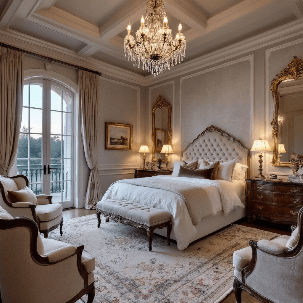 A luxurious traditional bedroom at twilight featuring a coffered ceiling with a crystal chandelier, silk pearl gray wallpaper, a king bed with tufted headboard and hotel-white linens, antique French mirrors, a hand-knotted Aubusson rug, and a cozy sitting area with champagne silk wingback chairs, all captured at eye level from the double door entry.